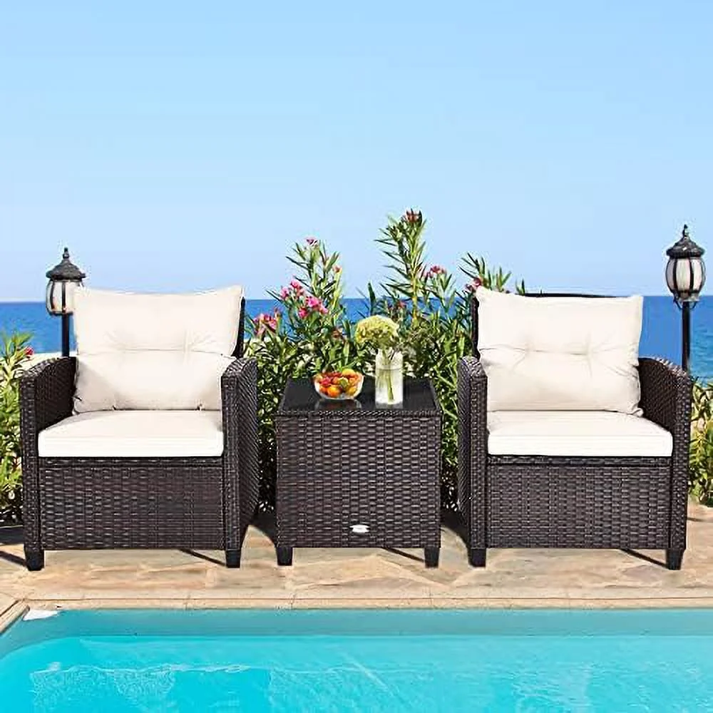 LNSETGC 3 Piece Patio  Set  Wicker Bistro Conversation Set w/ 2 Cushioned Armchairs & Glass Topped Table  Outdoor Rattan Sofa Set Patio  for Porch Balcony Poolside (White)