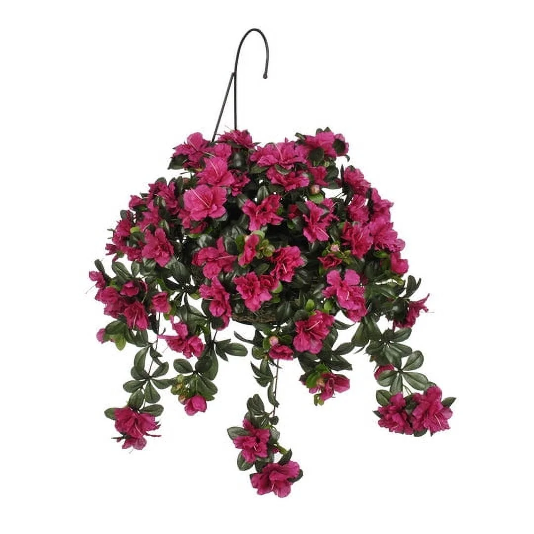 House of Silk Flowers Artificial Fuchsia Violet Azalea in Natural Water Hyacinth Hanging Basket
