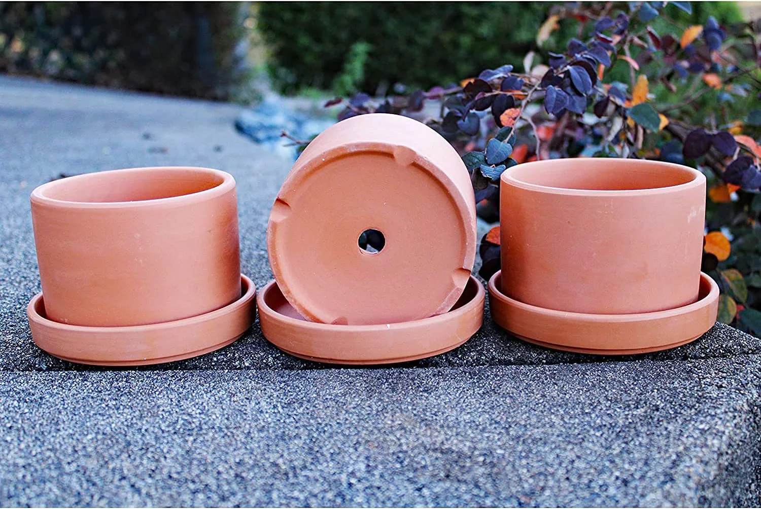 Walled Terracotta Planter with Drainage Hole and Saucer Cylindrical Plants Flower Containers Unglazed Clay Pots - Set of 3