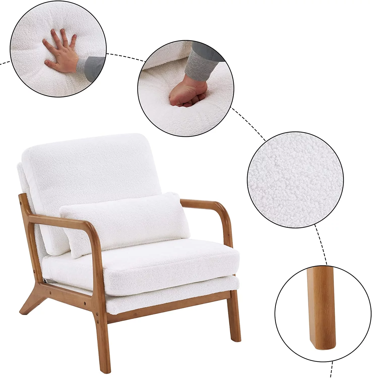 Accent Chair Mid-Century Modern Chair with Pillow Bronzing Cloth Lounge Arm Chair with Solid Wood Frame & Soft Cushion for Living Room, Bedroom, Belcony, Brown