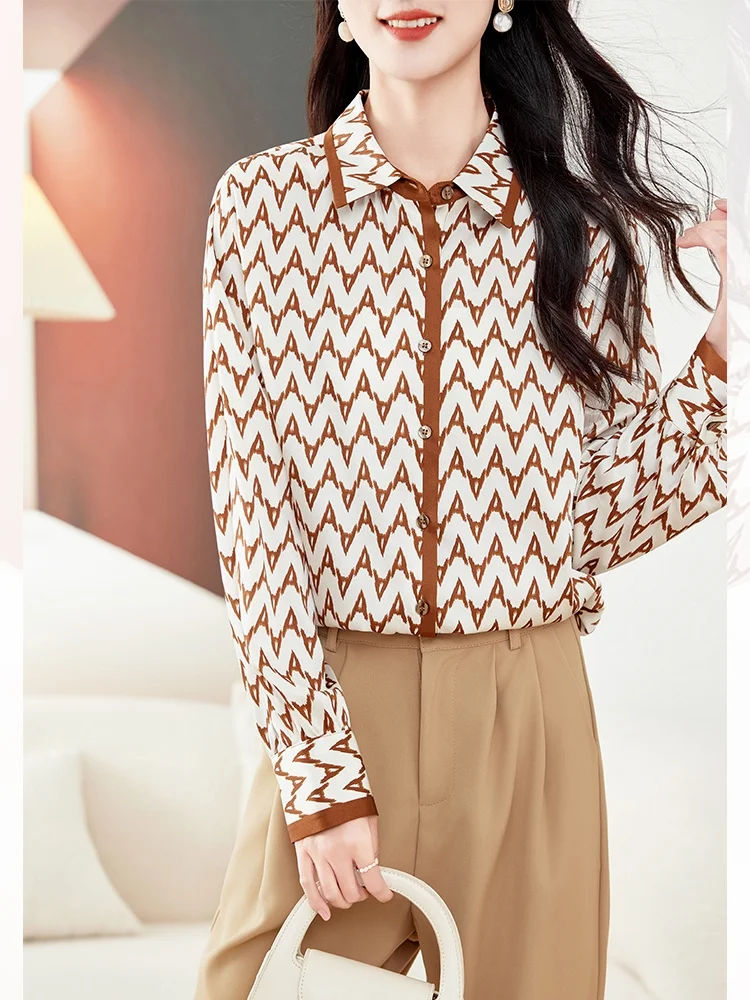 Spring And Summer New Silk Silk Temperament Is Thin, Elegant Long Sleeve Real Silk Simple Top, Lady Shirt A Letter 2Xl