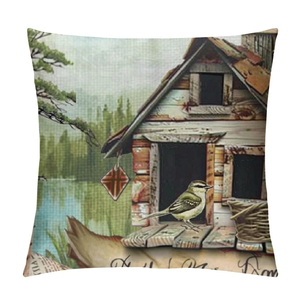 Qlloopoed Hopyeer Vintage Mountain Lake Cabin Scenery Pillow Covers Decor Warm Memories Quote with Robin Bird Nest Pinecone Cotton Linen Throw Pillow Case Square Cushion Cover for Chair Couch White