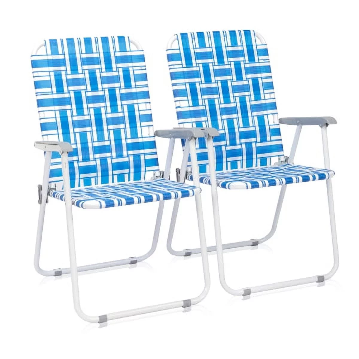 Fithood 2pcs Steel Tube PP Webbing Bearing 120kg Folding Beach Chair Blue& White Strip