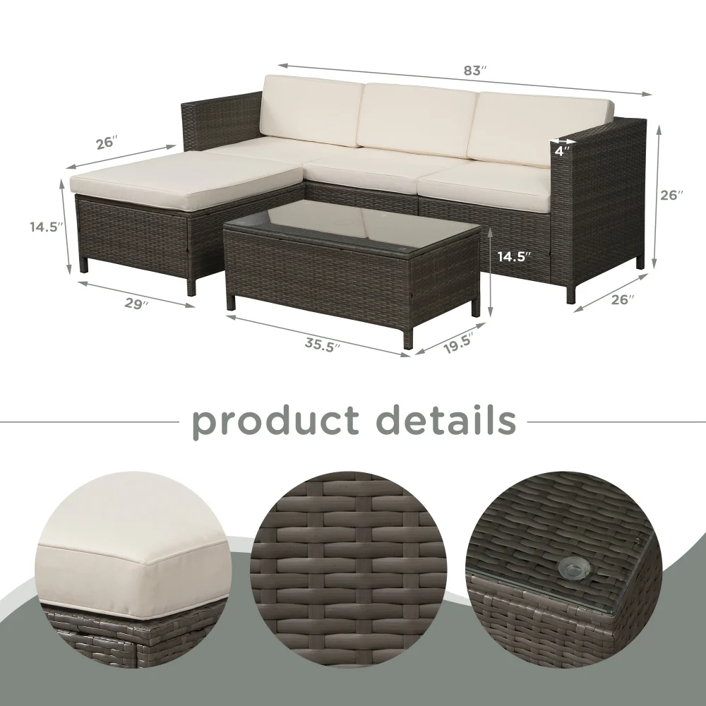 CoSoTower Convertible Sofa Patio Outdoor Rattan Wicker Brown Beige Couch Sectional Sleeper Sofa Set Coffee Table of 5 Pieces Furniture