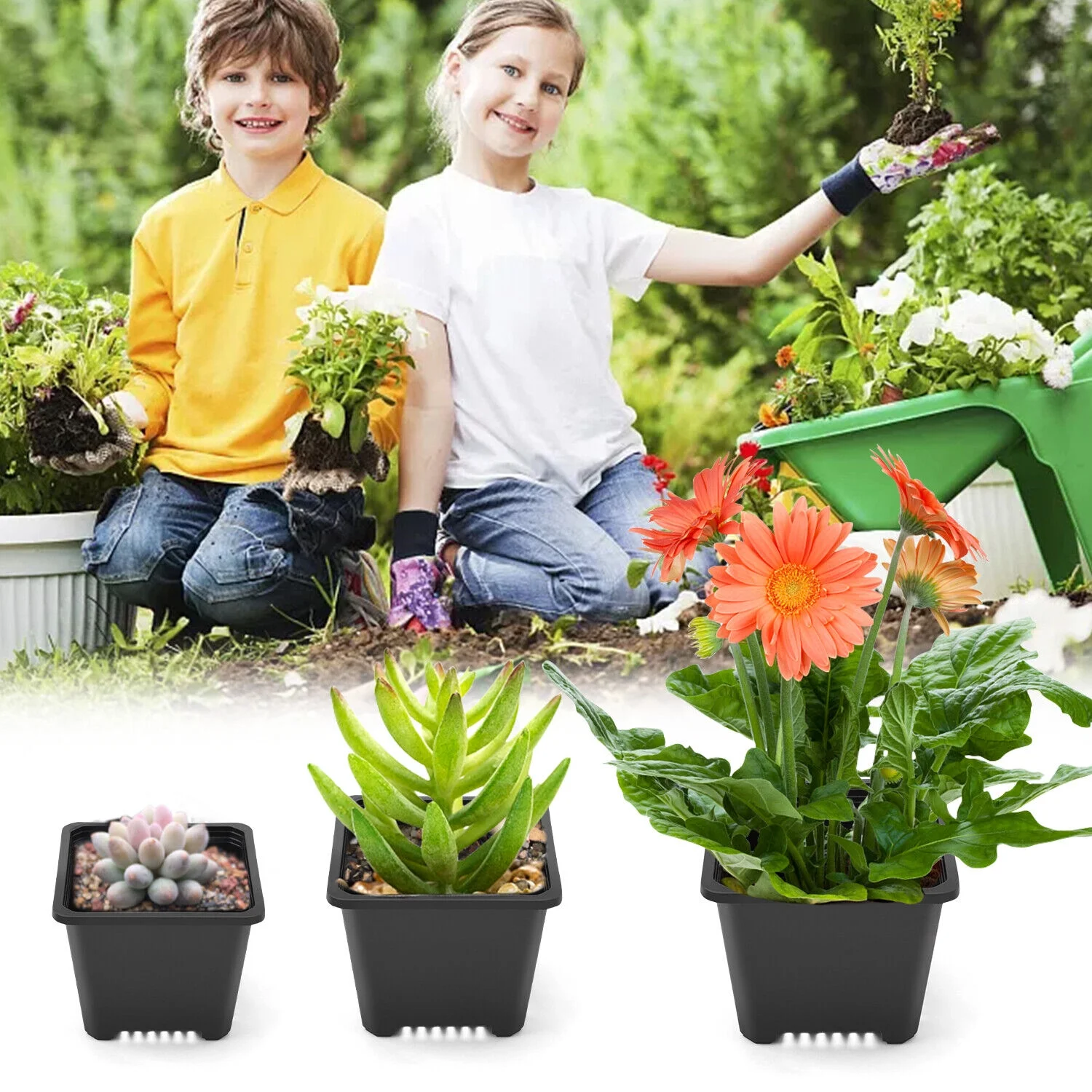 Black Square Plastic Seedling Pots Seed Pots Flower Pots Transplant Pot Home US