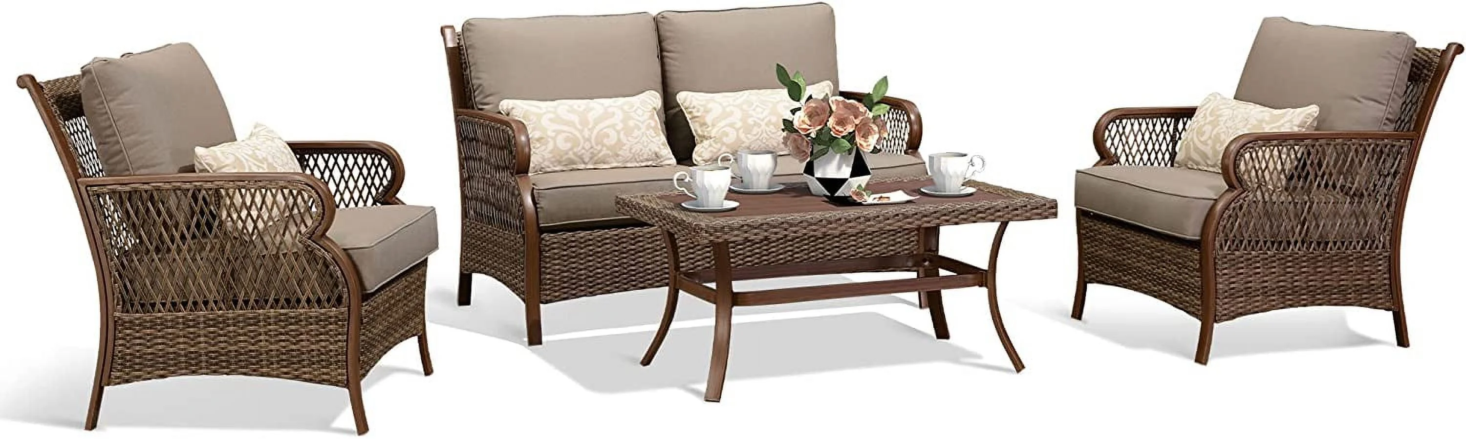 LEAF 11-Piece Retro Patio Furniture Sets with All-Weather Rattan Outdoor Sofa Set for 5 and Six-seat Patio Dining Set