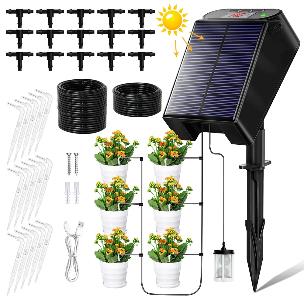 Solar Drip Irrigation System - Kepeak Auto Drip Irrigation Kits with Anti-Siphon Supports 15 Pots, Solar Powered Garden Watering System for Indoor & Outdoor Plants