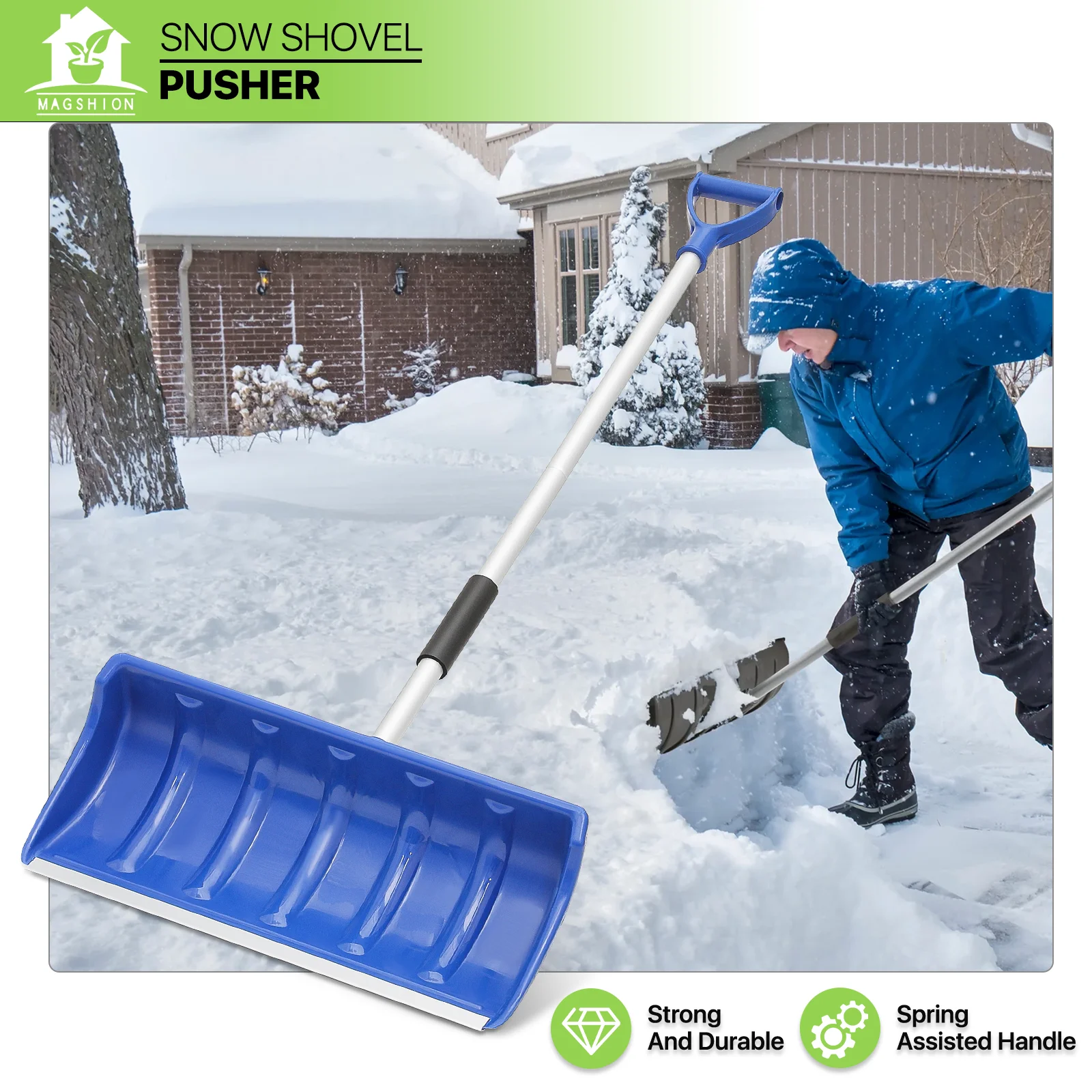 Magshion Snow Shovel, Portable Wide Snow Pusher with D-Grip Handle, 21.5 inch Aluminium Snow Removal Tool for Driveway Outdoor Garden, Blue