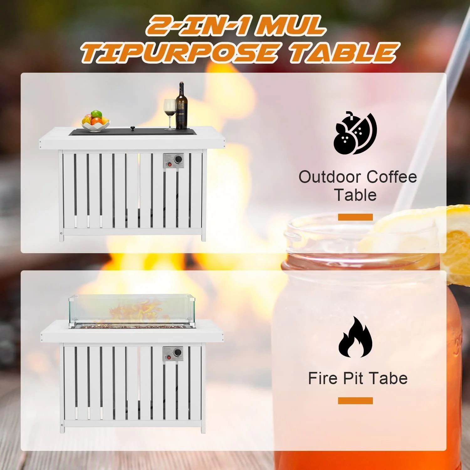 Erommy 43 Inch HDPE Propane Fire Pit Table, 50000 BTU Fire Pits with Lid and Fire Glass, for Deck, Outside Paito, CSA Certification,White