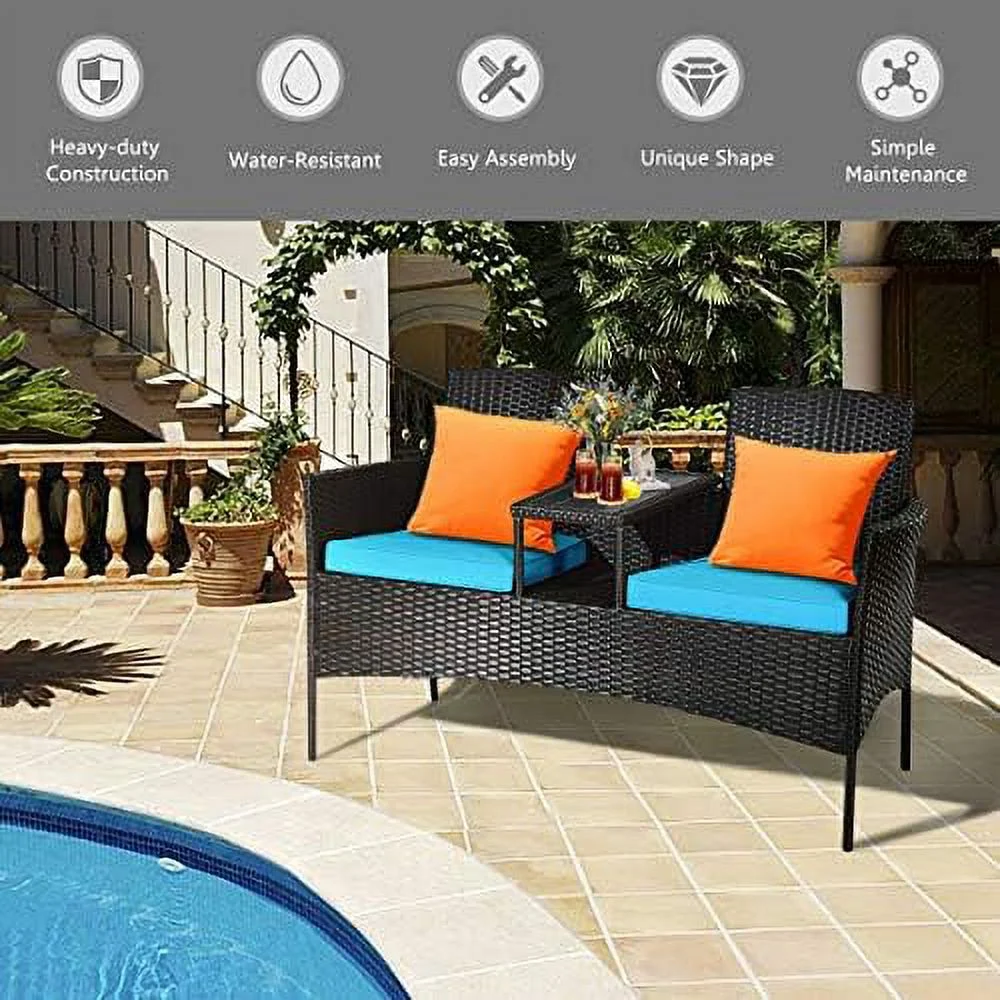 CHIOKN Conversation  Set with Table and Two Removable Cushions Rattan Wicker Chairs and Table Set for Patio Garden  Baloney and Lawn Outdoor Porch  Sets Loveseat (Black+Beige)