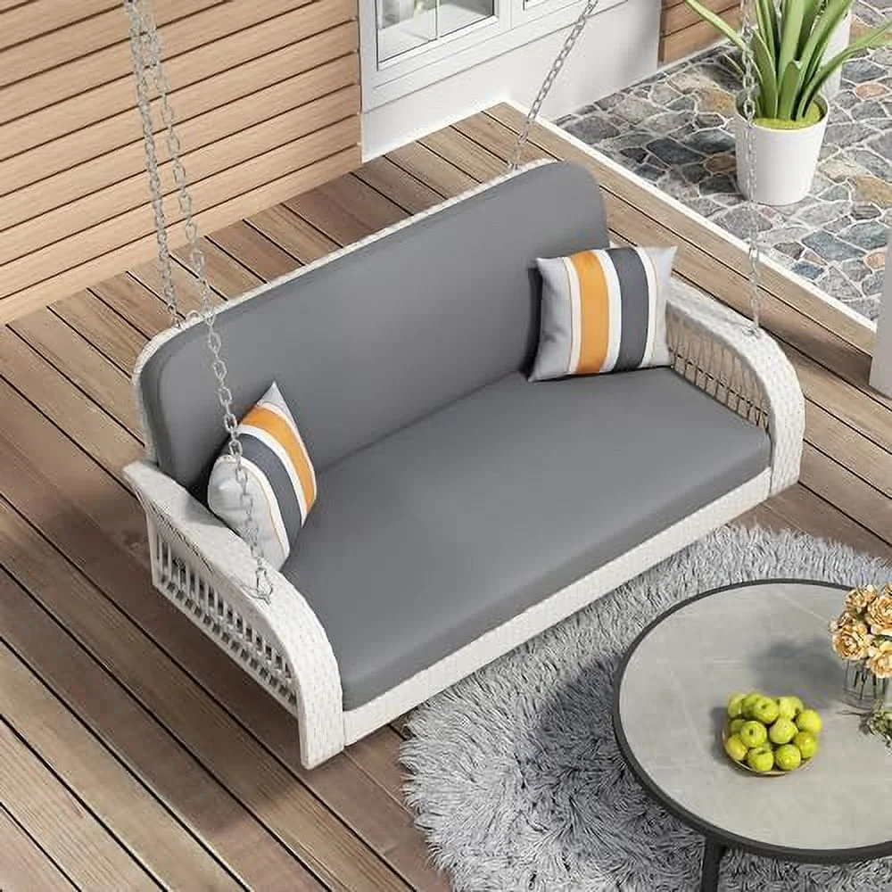 xrboomlife 2-Seater Wicker Hanging Porch Swing Bench with Hanging Chains for 2 Patio  Swing Rattan Swing Bench for Garden  Backyard  Pond