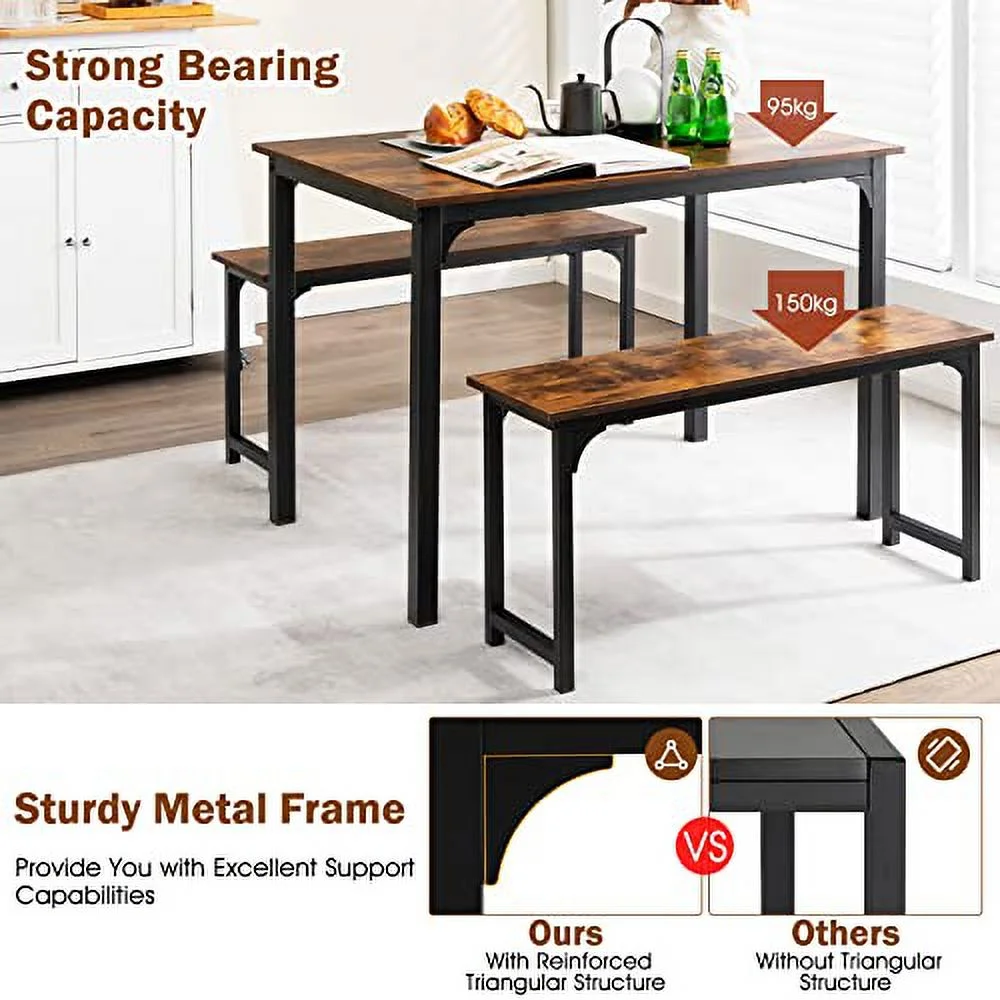 NAFORT 3-Piece Dining Table Set for 4, Metal and Wood Retangular Kitchen Table and 2 Benches Furniture Set for 4-6 Person, Space-Saving Dinette for Kitchen, Dining Room, Industrial
