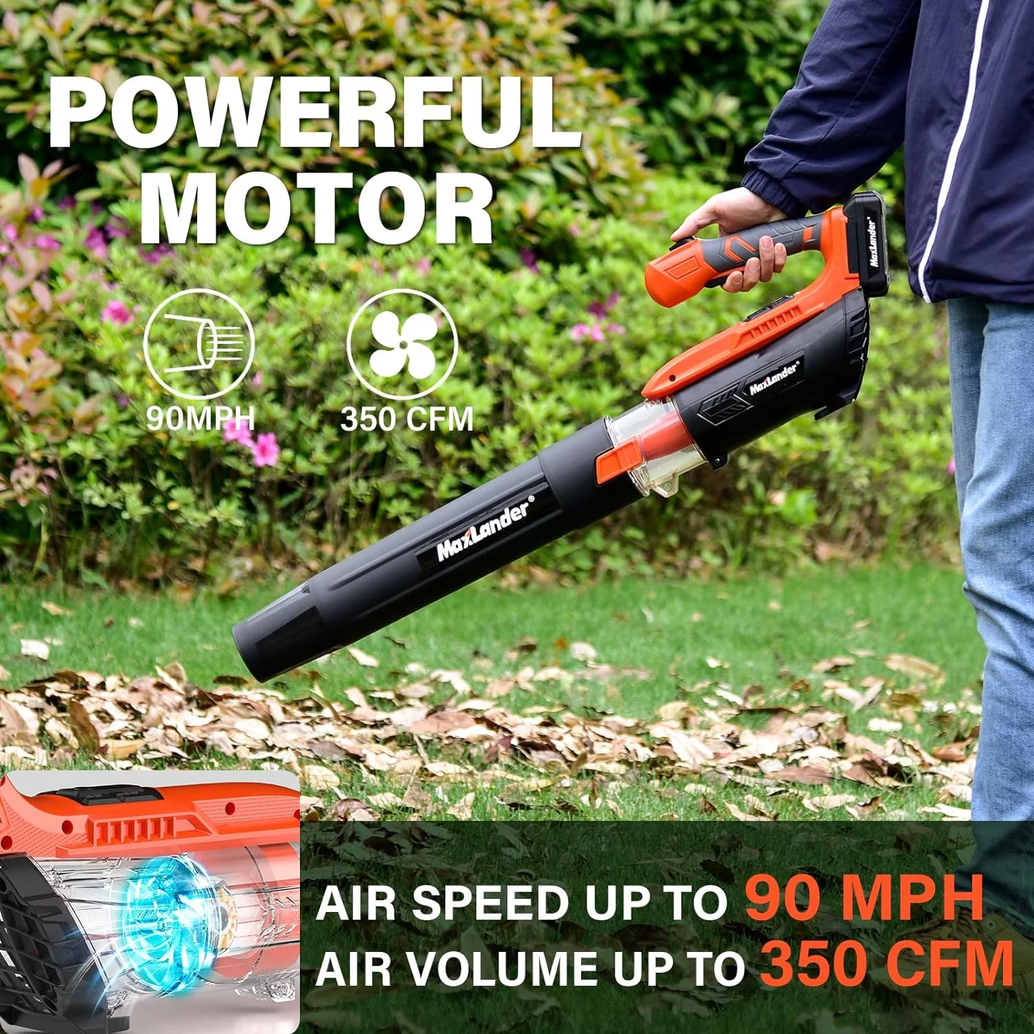 Leaf Blower Cordless with Battery and Charger, 350CFM Battery Powered Leaf Blowers for Lawn Care, 2-Speed Mode Electric Leaf Blower for Snow Blowing 2PCS 2.0Ah Batteries Included