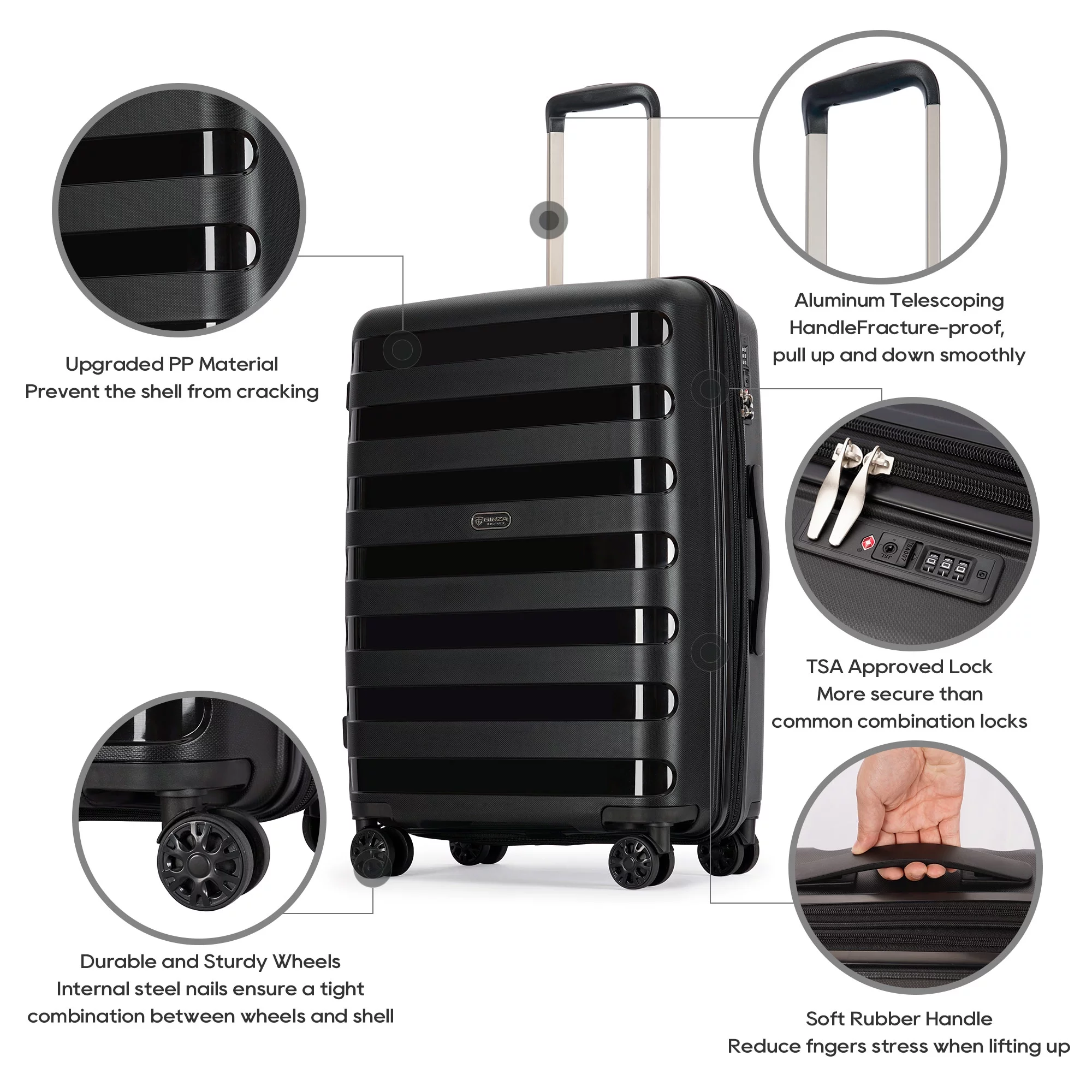 Ginza Travel Luggage 28 Inch Expandable Suitcase with Double Spinner Wheels and TSA Lock,Black