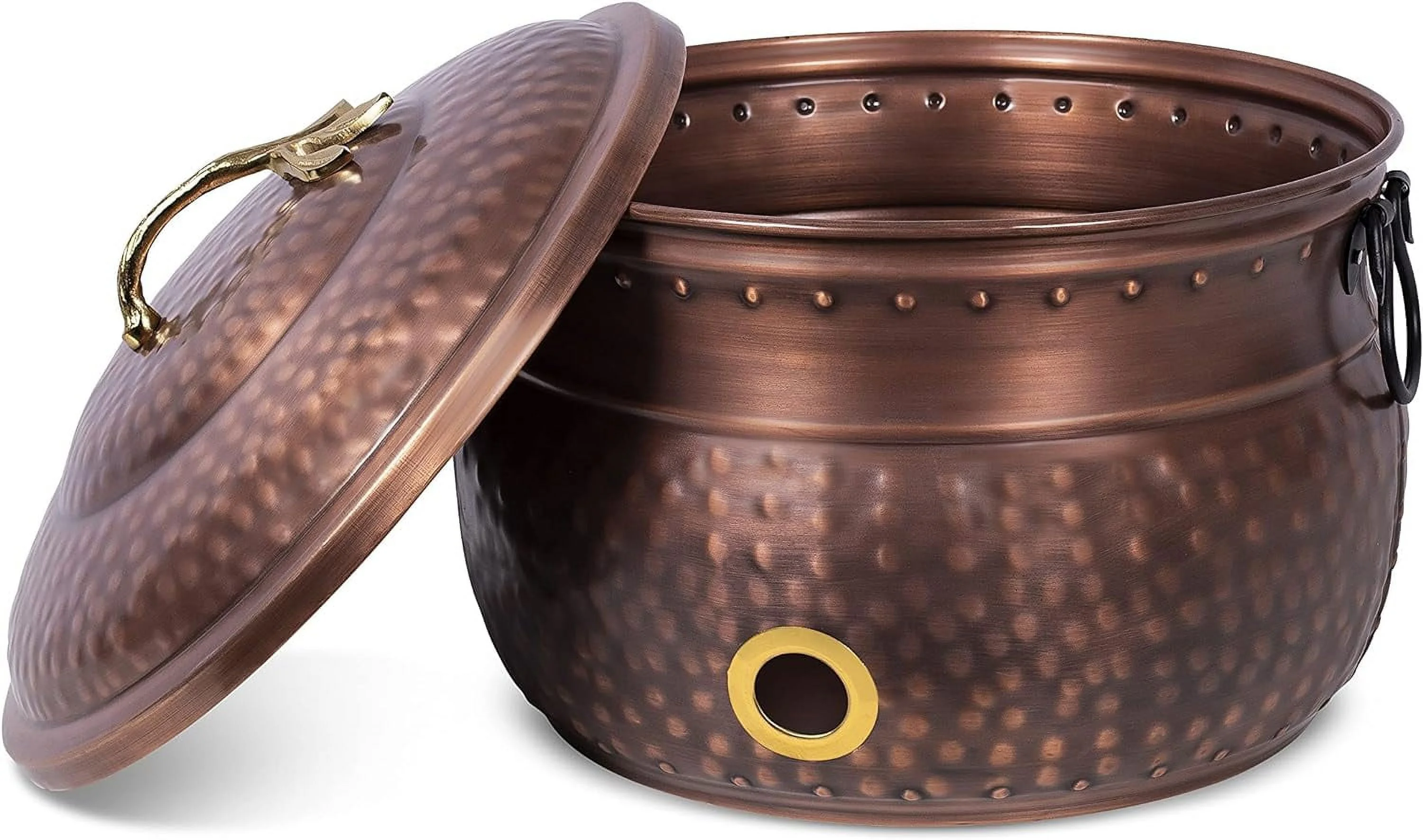 HOME Water Hose Holder with Lid | Holds 200ft Hoses | Ground Garden Hose Pot | Decorative | Handle | Embossed | Steel Metal with Copper Accents | Outdoor or Indoor Use
