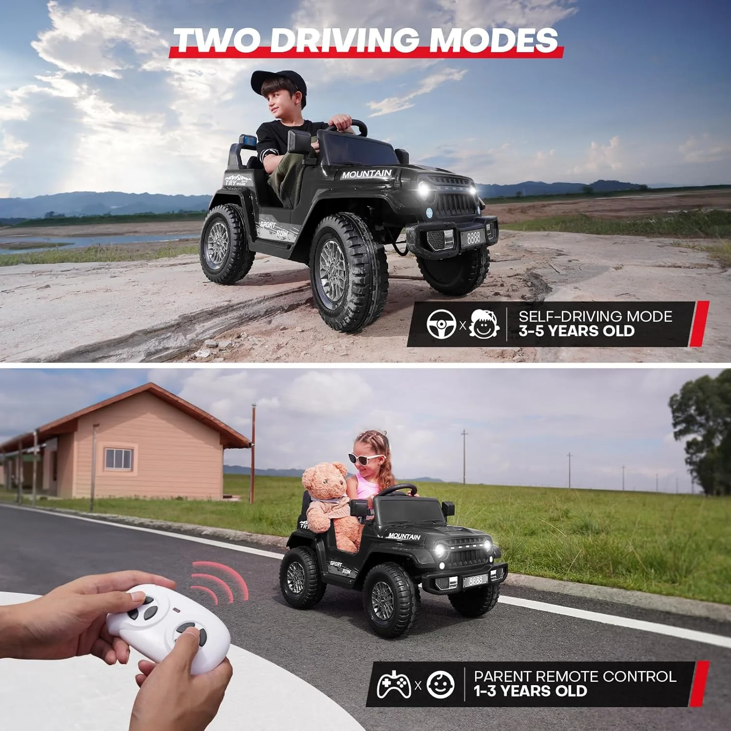 TEOAYEAH 2X35W Ride on Truck Car, 12V Electric Vehicle Toy w/Remote Control, Low Battery Voice Prompt, Wireless Music, Black