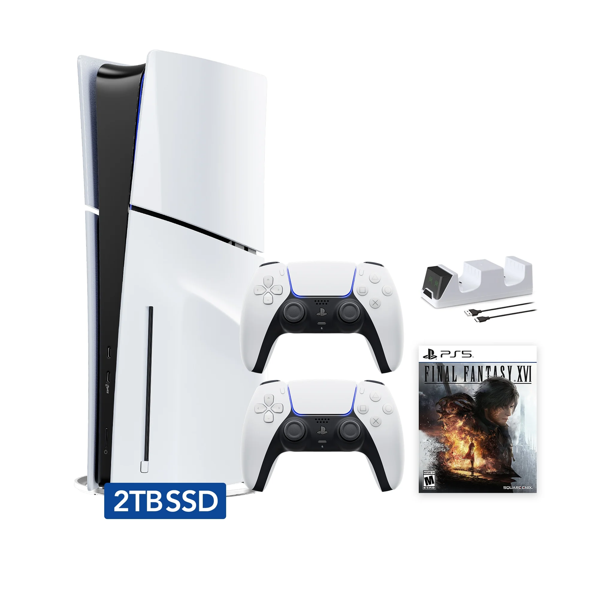 PlayStation 5 Slim Disc 2TB SSD Edition FINAL FANTASY XVI Bundle with Two DualSense Controllers and Mytrix Dual Controller Charger - PS5 Gaming Console