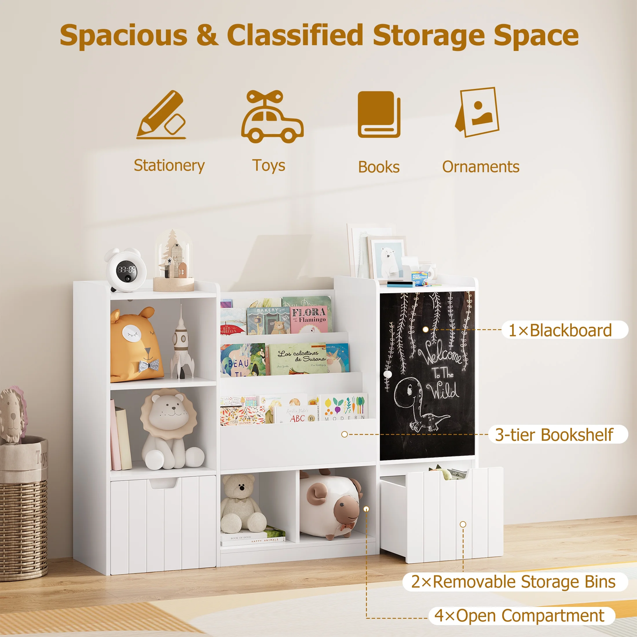 Homfa Kids Bookshelf with Blackboard, Nursery Bookcase with 4 Cubby, 3 Tier Book Rack with 2 Wood Toy Bin for Kids Room, White