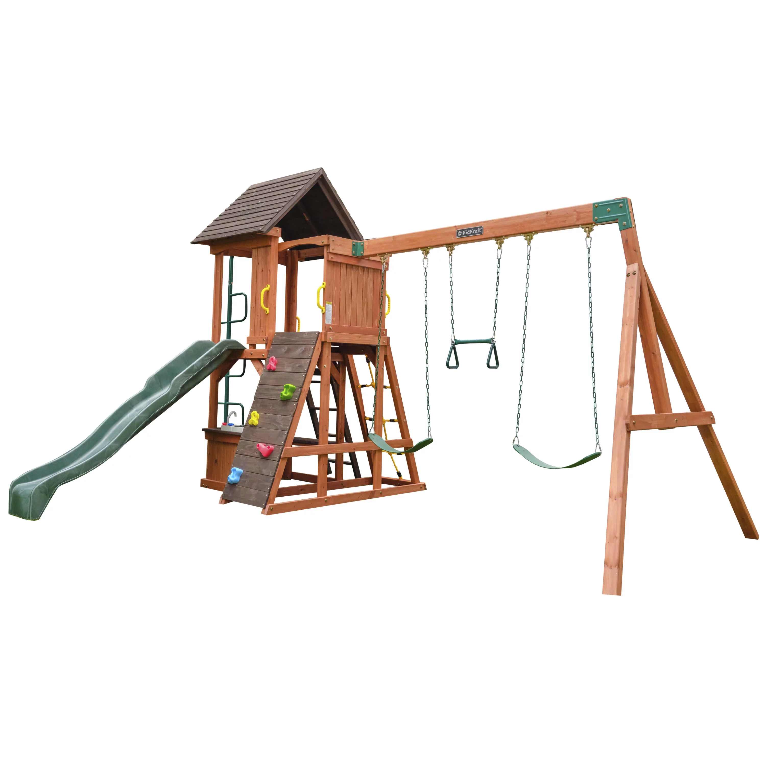 KidKraft Raptor Trail Wooden Outdoor Swing Set with Wavy Slide and Rock Wall, For Ages 3-10
