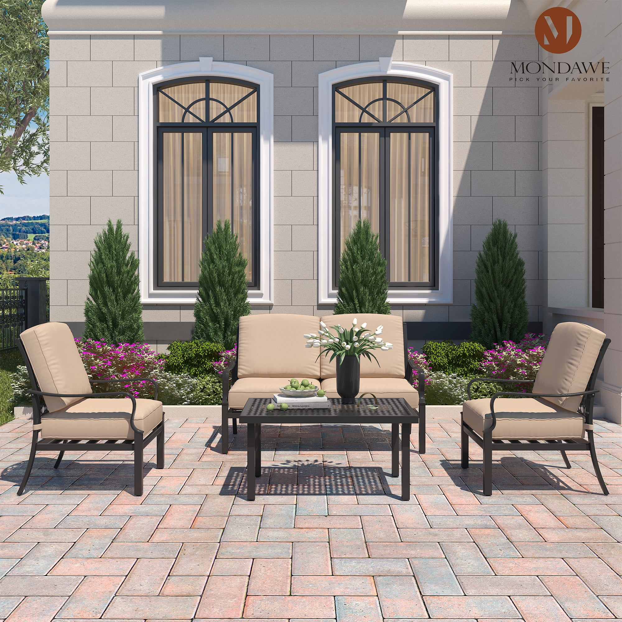 Mondawe 5 Pieces Steel Outdoor Patio Conversation Deep Seating Set, Sofa and Lounge Chairs with Cushions and 1 Coffee Table