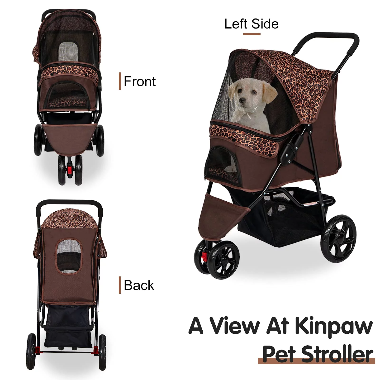 Kinbor Folding Dog Stroller - Pet Stroller w/3 Wheels, Storage Basket and Removable Liner, Leopard Brown