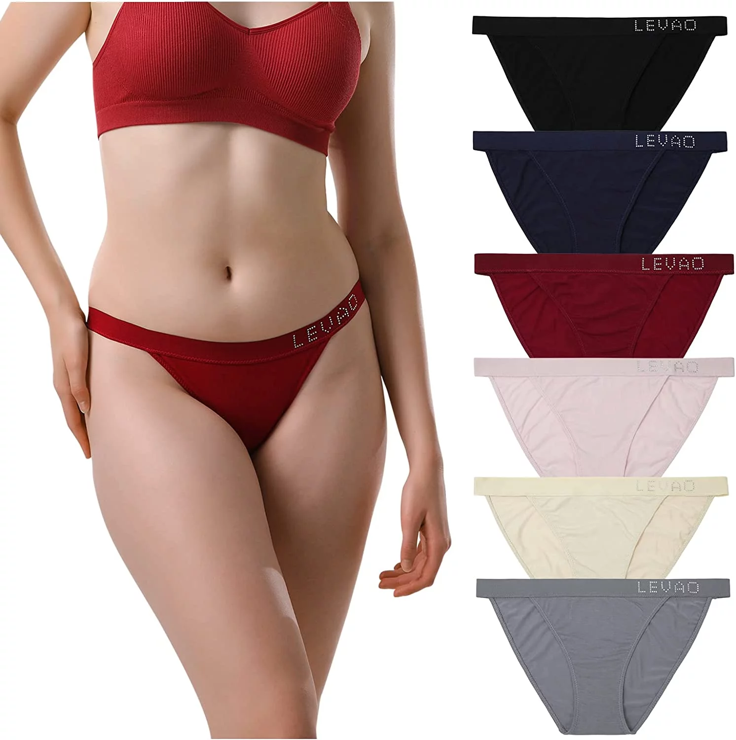 LEVAO Cotton Underwear Women Cheeky Panties Rhinestone Logo Low Rise String Bikini Panties 6 Pack S-XL