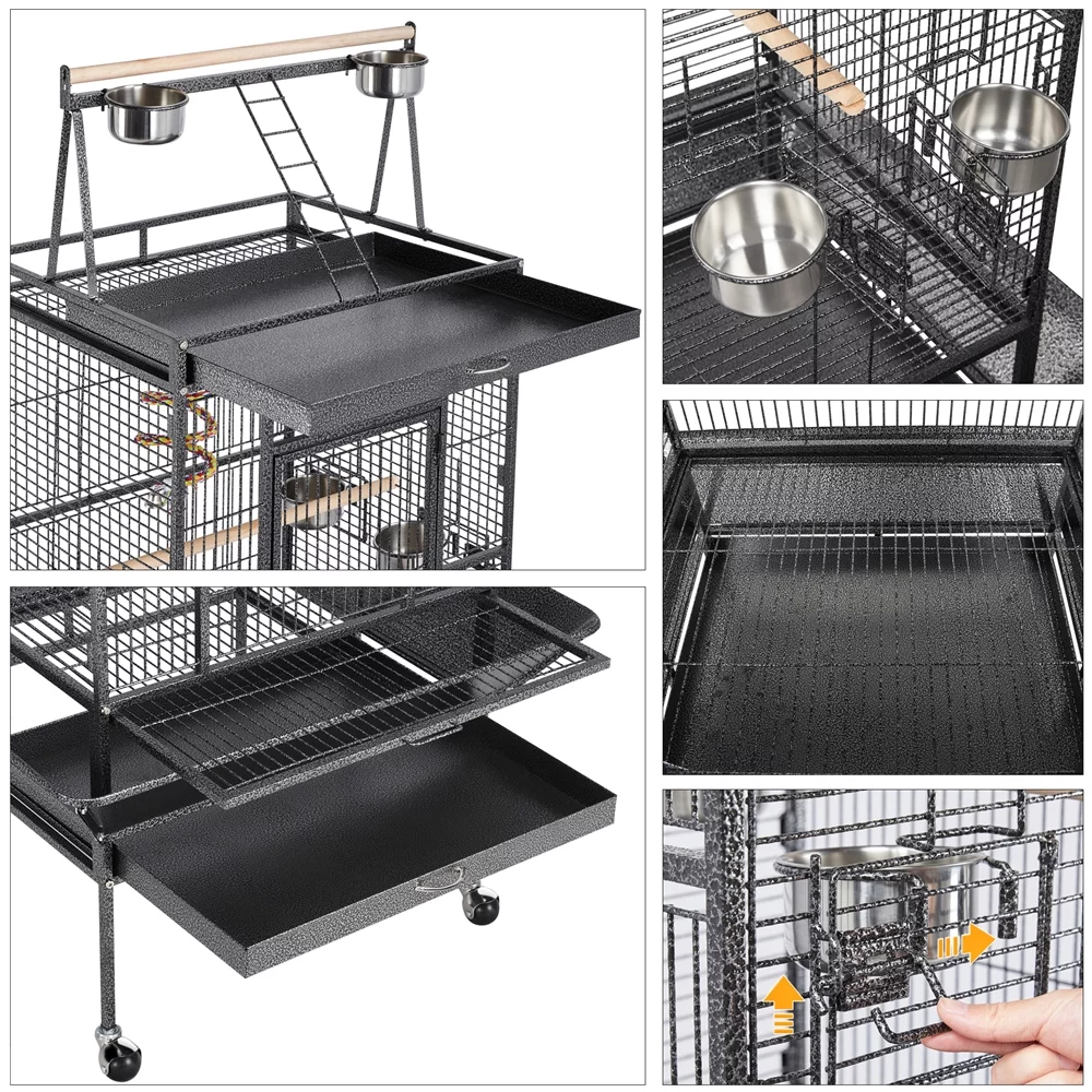 Topeakmart 68.5'' Play Top Parrot Cage Metal Rolling Birdcage, Black