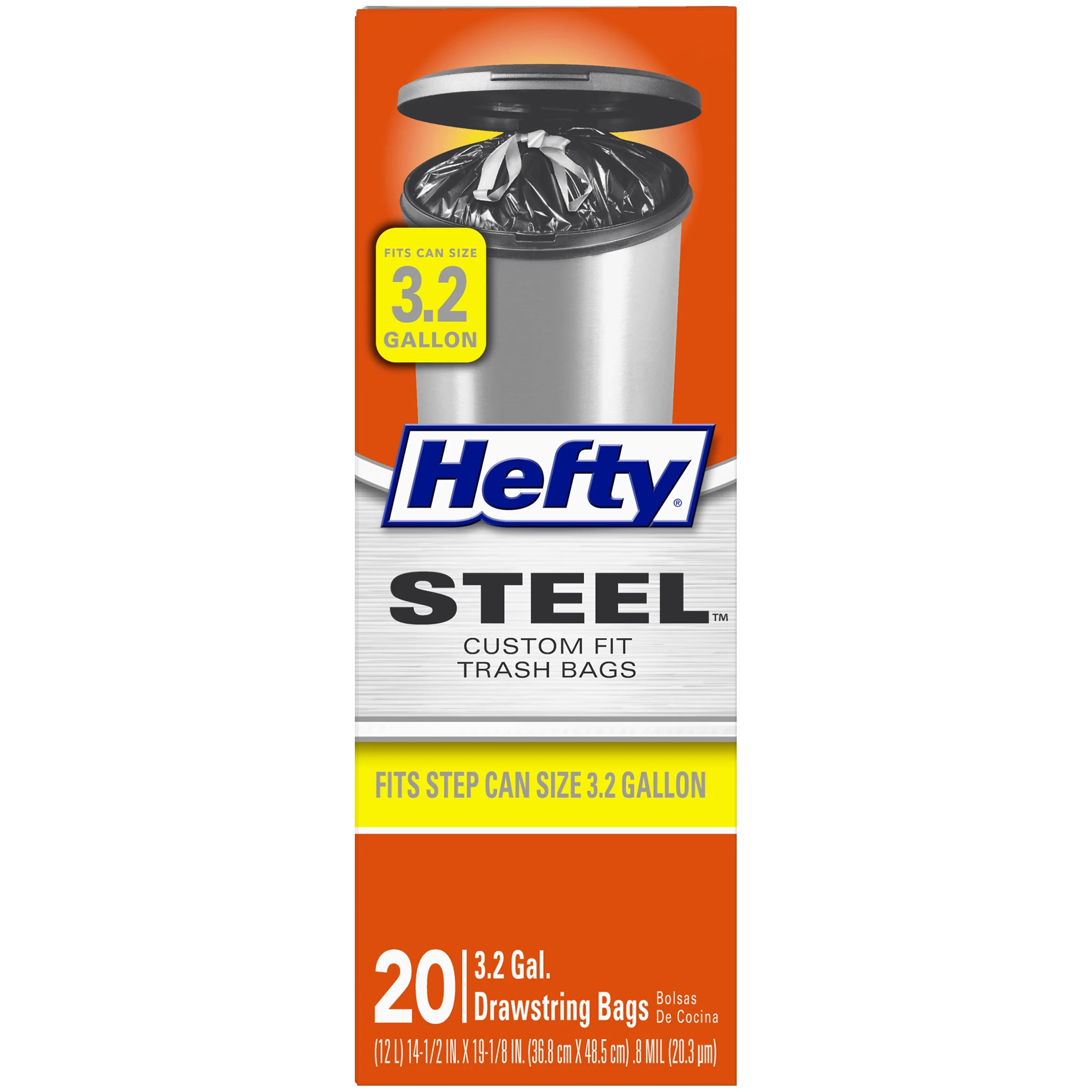 Hefty Steel Custom Fit B Size Drawstring Trash Bags, Black, Unscented, 3.2 Gallon, 20 Count