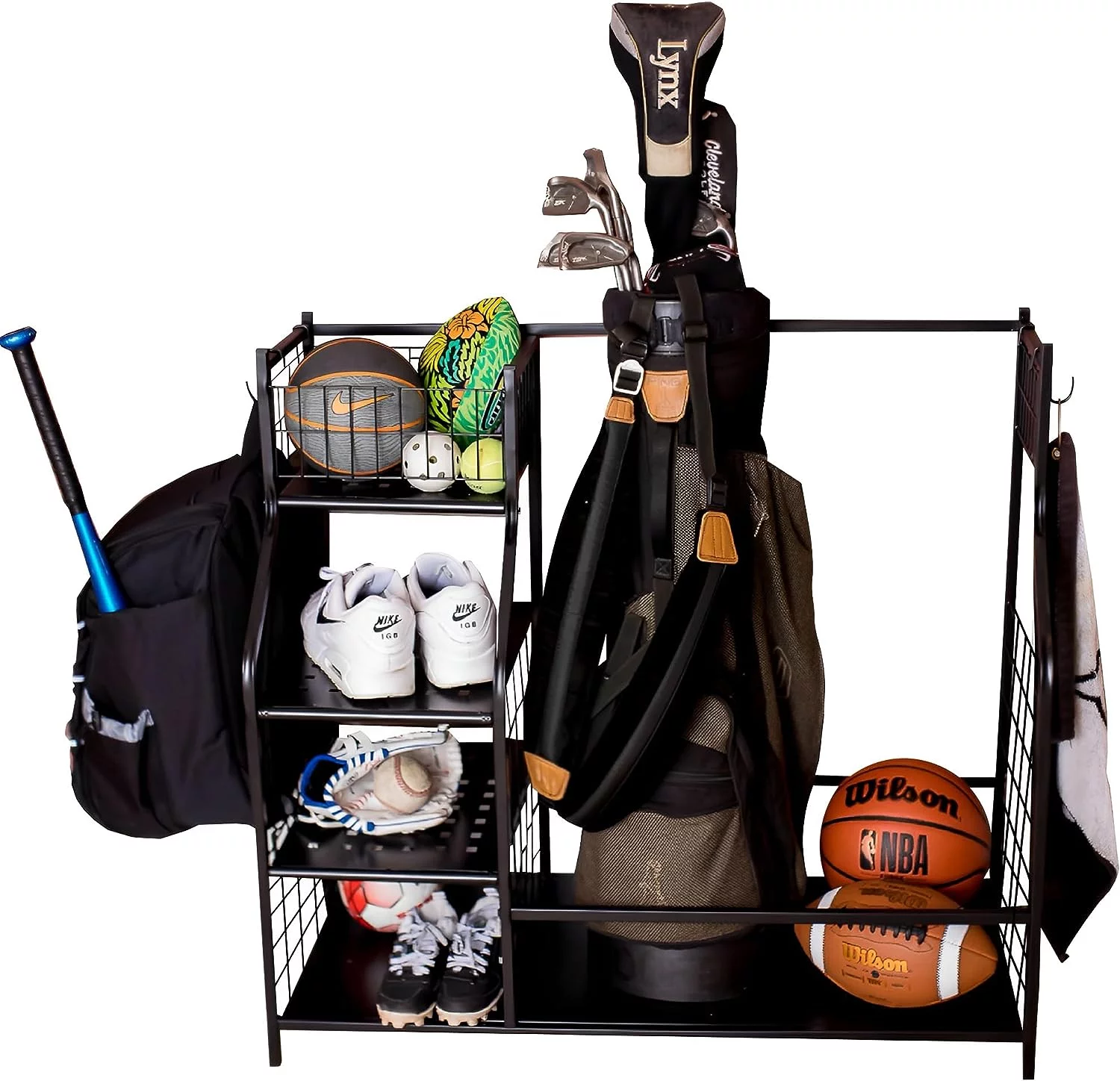 Golf Bag Storage Rack for Garage, Golf  Rack Fits 2 Bags and Golf Accessories, Extra Large Size Golf Organizer and Storage Stand for Garage, Shed, and Basement