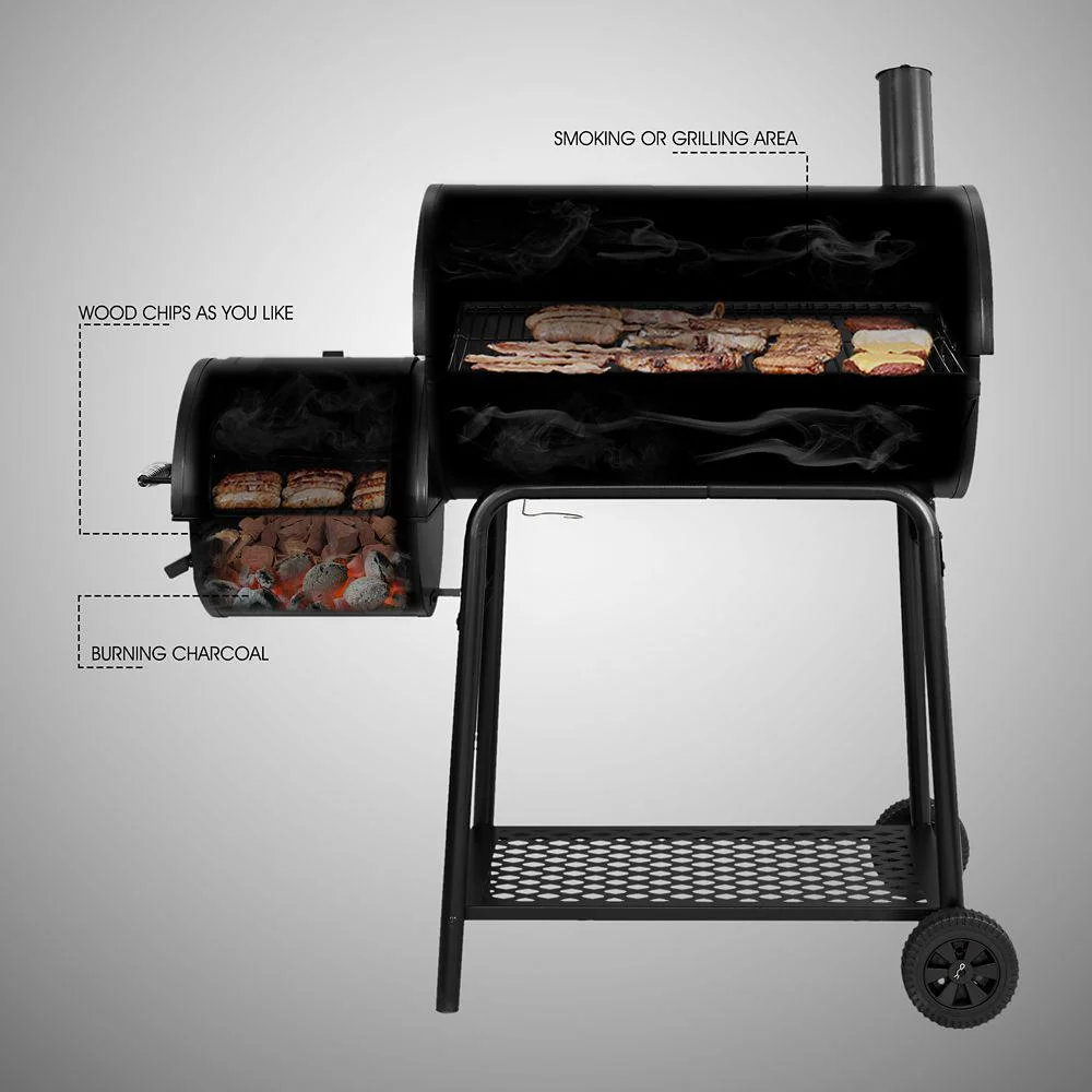 Royal Gourmet Charcoal Barrel Grill with Offset Smoker, Front and Bottom Shelves, 811 sq. in., Backyard Cooking, Black, CC1830F