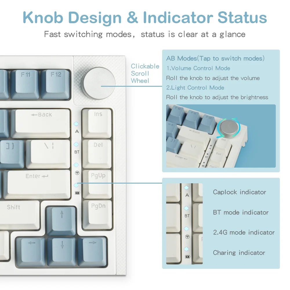 RECCAZR KW75S Wireless Mechanical Keyboard, GASKET Hot-swappable Gaming Keyboard, Bluetooth/2.4GHz/USB-C, 81 Keys, RGB Backlit (White Blue, OUTEMU Red Switch)