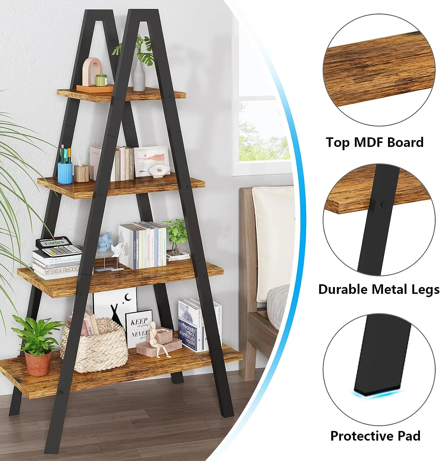 Recaceik 4-Tier Ladder Bookshelf, A-Shaped Bookcase Open Display Shelves with Metal Frame