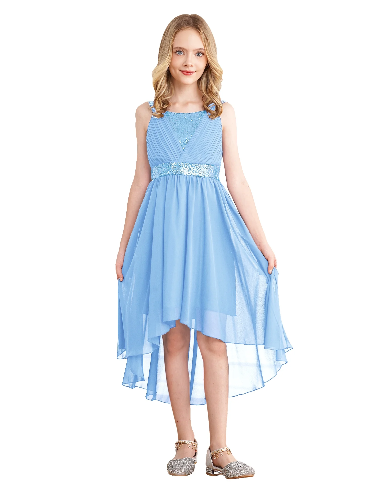 Zaldita Kids Girls Shiny Sequins Birthday Party Prom Gown High-low Hem Wedding Bridesmaid Dress Blue 10
