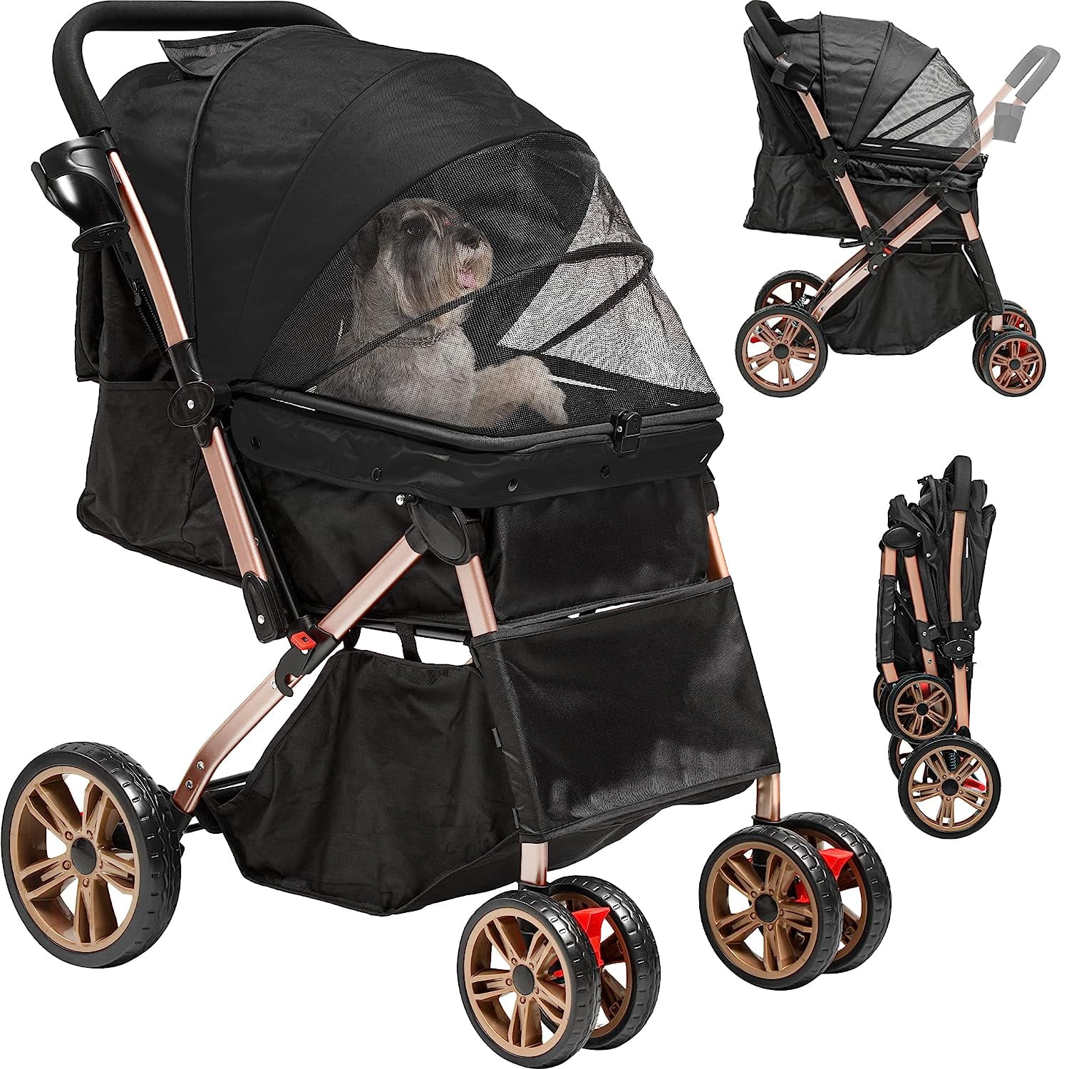 Dextrus Dog Stroller for Medium Small Dogs, Upgraded Version with Larger Room, Foldable Pet Stroller with 360° Rotation Wheel, Cat Kitty Puppy Stroller with Storage Basket (Black)