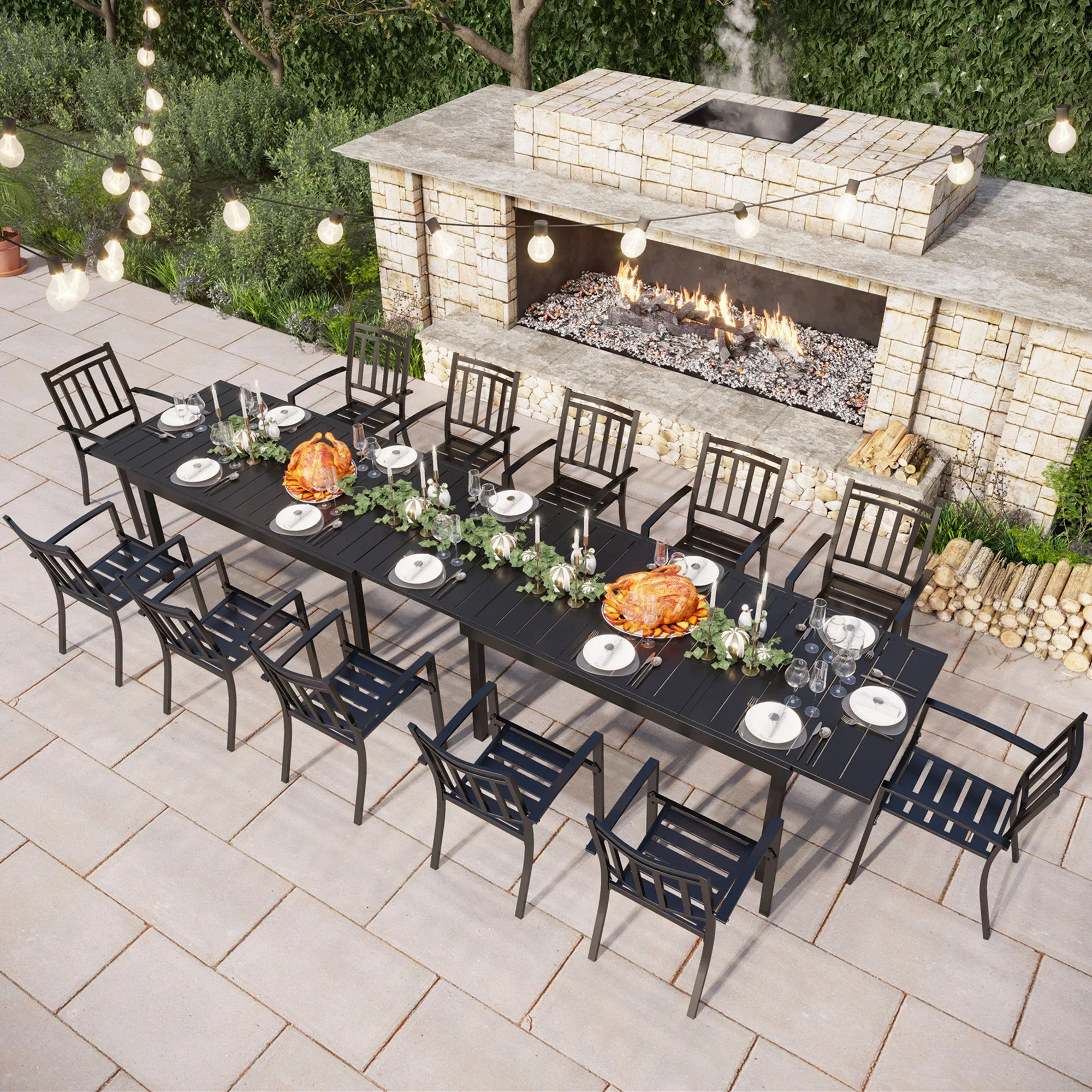 MF Studio 12-seater Patio Dining Set with 2 Extendable Tables and 12 Steel Armchairs for Thanksgiving, Family Dinner& Party, Black