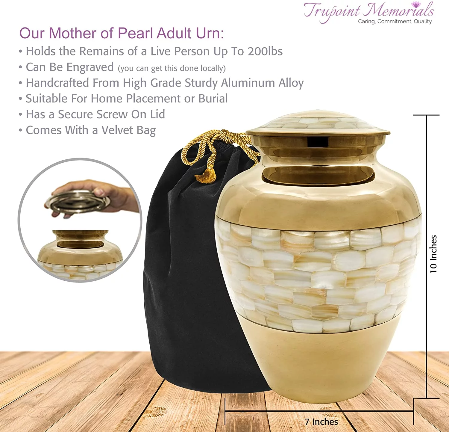 Trupoint Memorials Mother of Pearl Adult Cremation Urn for Human Ashes - with Velvet Bag