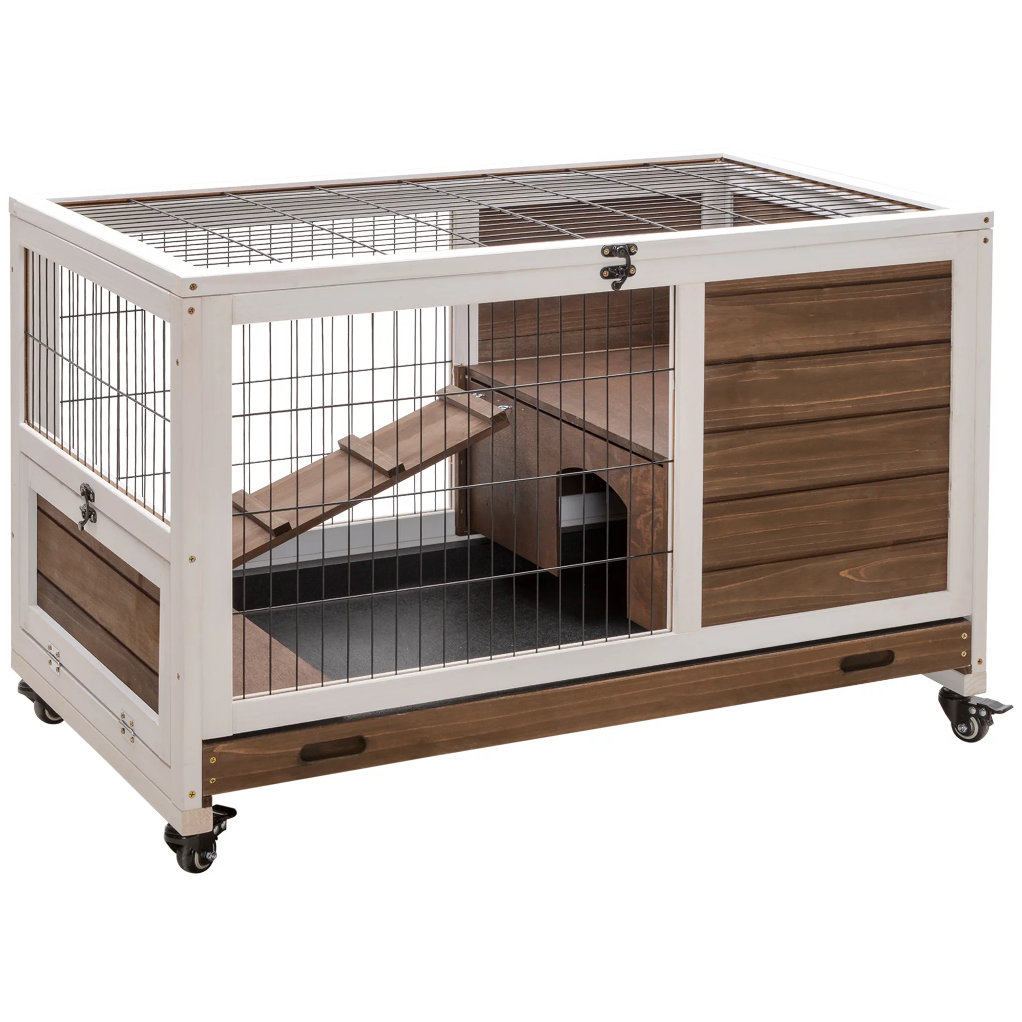 PawHut Wooden Rabbit Hutch Indoor Elevated Cage Habitat with No Leak Tray Enclosed Run with Wheels, Ideal for Rabbits and Guinea Pigs, Brown