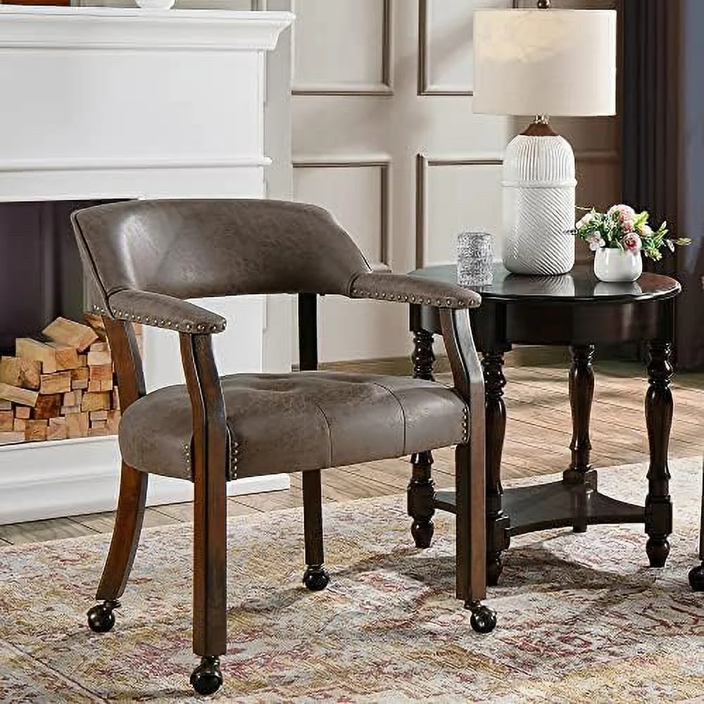 WTYNKAE Dining Chair with Casters  Kitchen Table Chair with Caster & Arms  Roller Poker Table Chairs with Wheels  Wood Captains Game Table Rolling Chairs(Cherry&Purplish Blue 1533