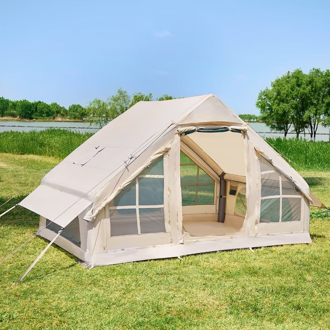 Docred Inflatable Glamping Tent with Pump, 4-6 Person Extra Large Inflatable House Tents ,Glamping Tents Sun Shelter with Mesh & Chimney Window