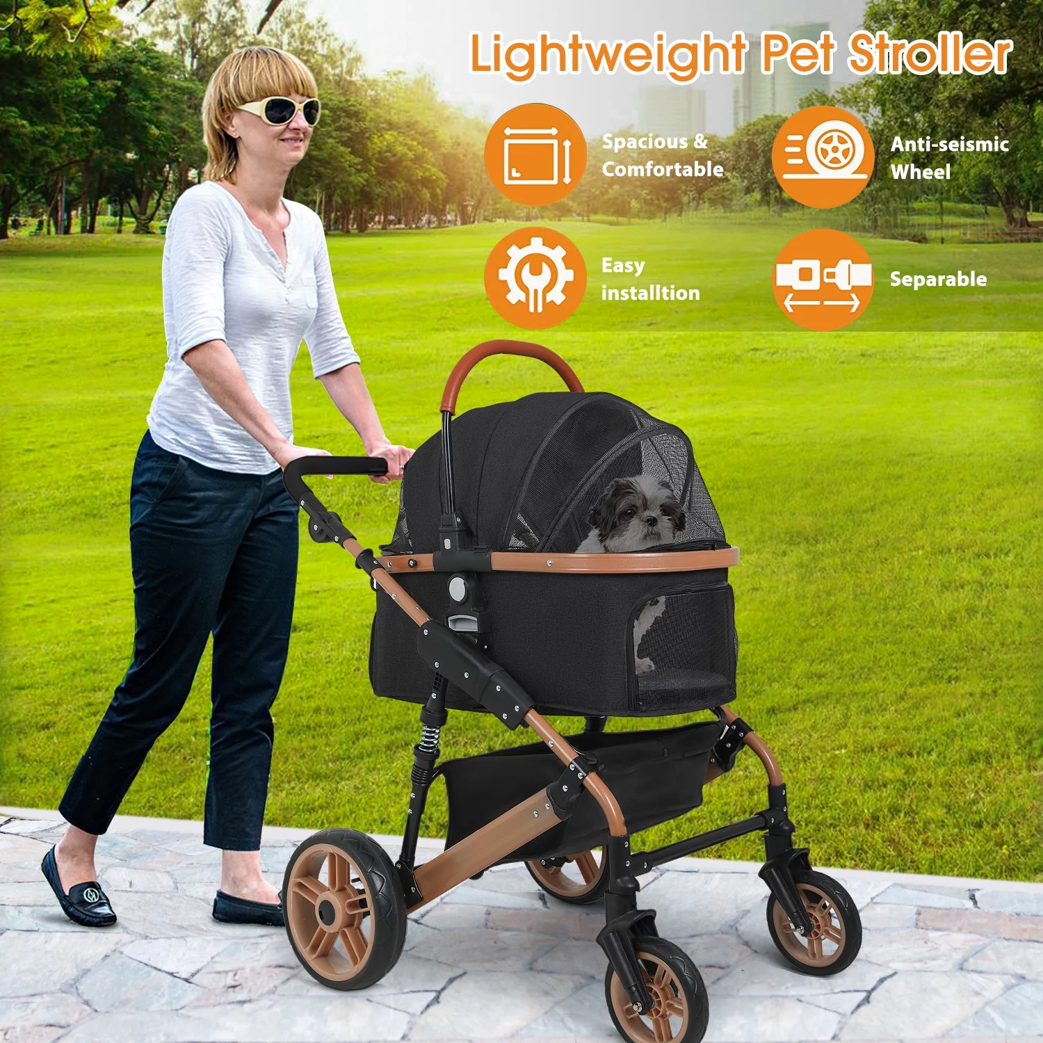 BestPet Pet Stroller Premium 3-in-1 Multifunction 4 wheels Dog Cat Stroller for Large Medium Dogs Cats Aluminium Frame Folding Lightweight Travel Stroller with Detachable Carrier,66lbs Capacity, Black