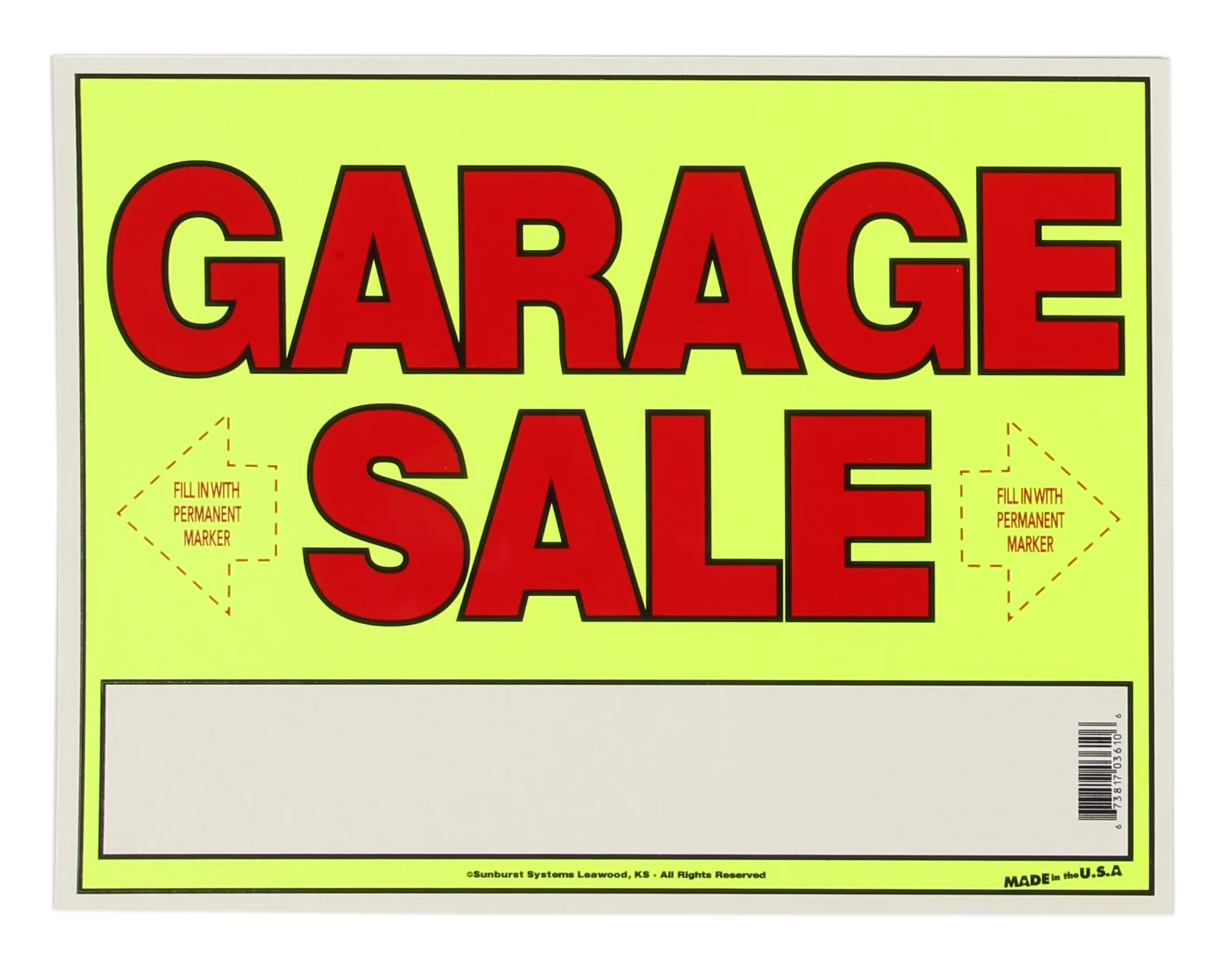 Sunburst Systems 3030 Garage Sale Sign Kit Includes: 3) Large Garage Sale Signs, 3) 11 x 14 Garage Sale Signs 1,200) Yellow, Pink & Green Price Stickers, and 20) Large Pricing Cards
