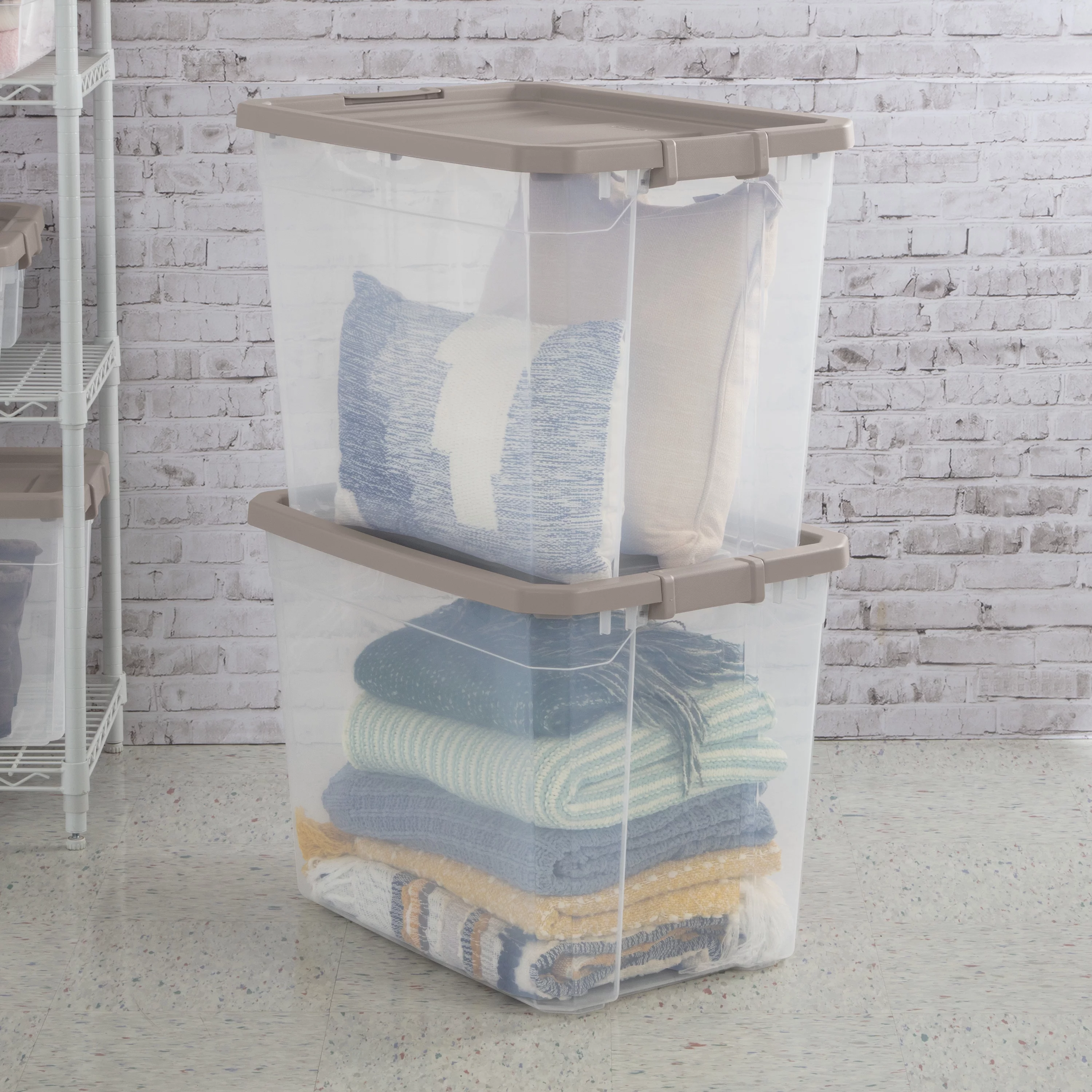 Sterilite Plastic 108 Qt. Stacker Box Taupe Splash Set of 4