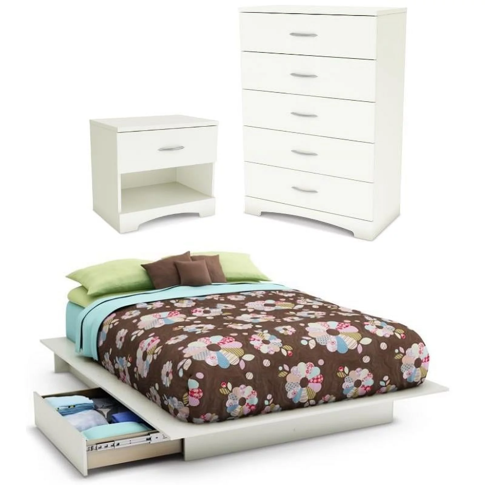 Home Square 3-Piece Set with Full Queen Storage Bed Nightstand & 5-Drawer Chest