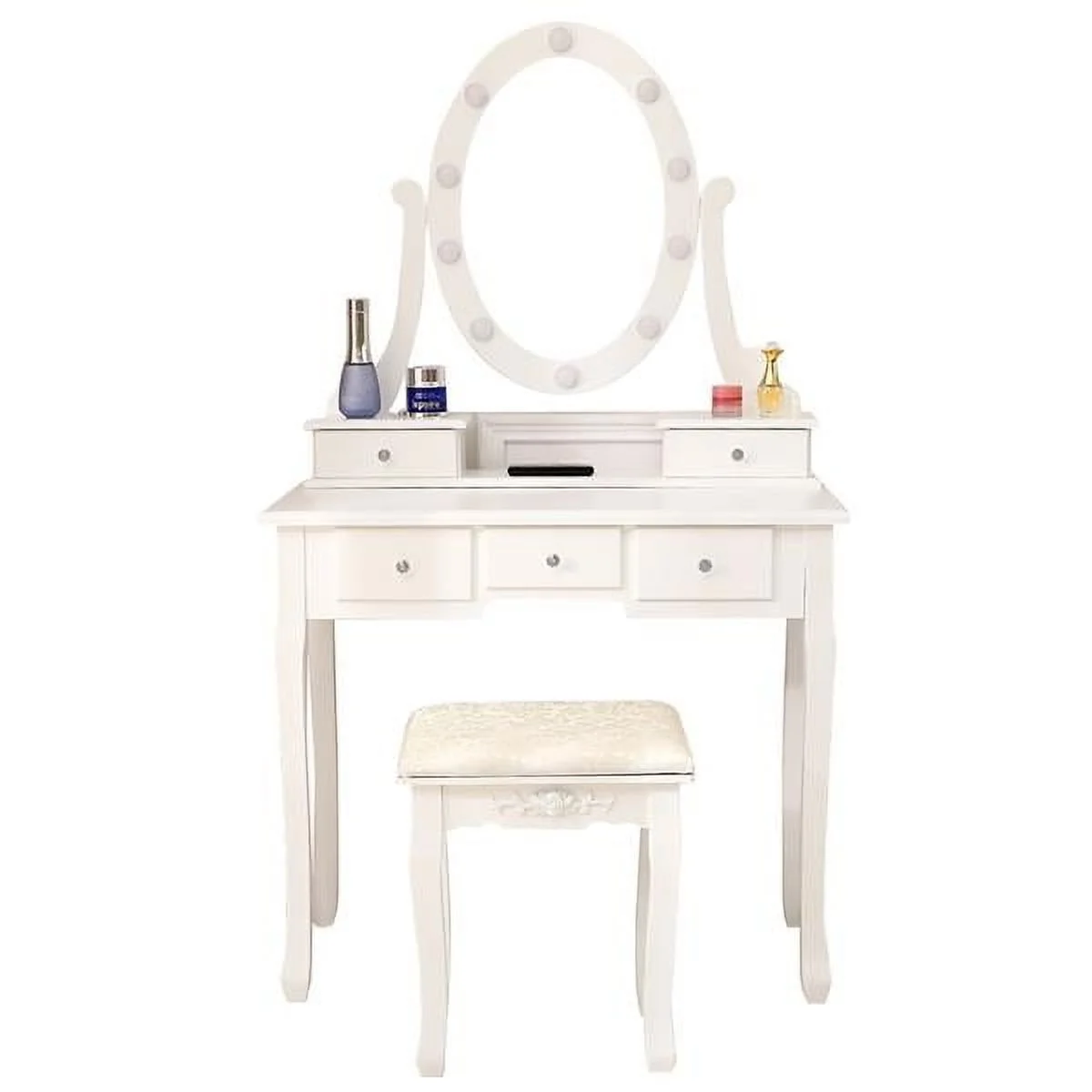 SYTHERS White Vanity Set Dressing Table with Removed LED Mirror and Cushion Stool and 5 Drawers for Adult Girls