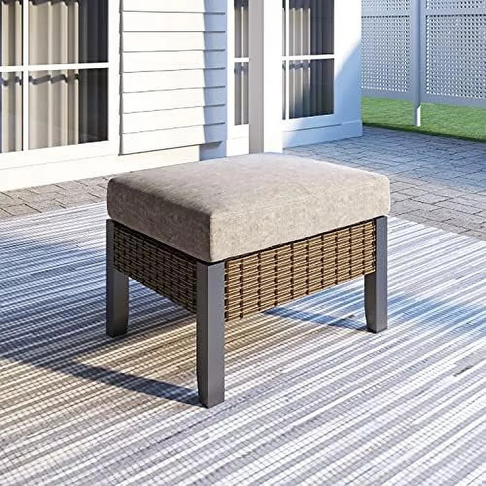 Outdoor Wicker Ottoman Patio Rattan Furniture Metal Footrest Seat Square Footstool with Cushion