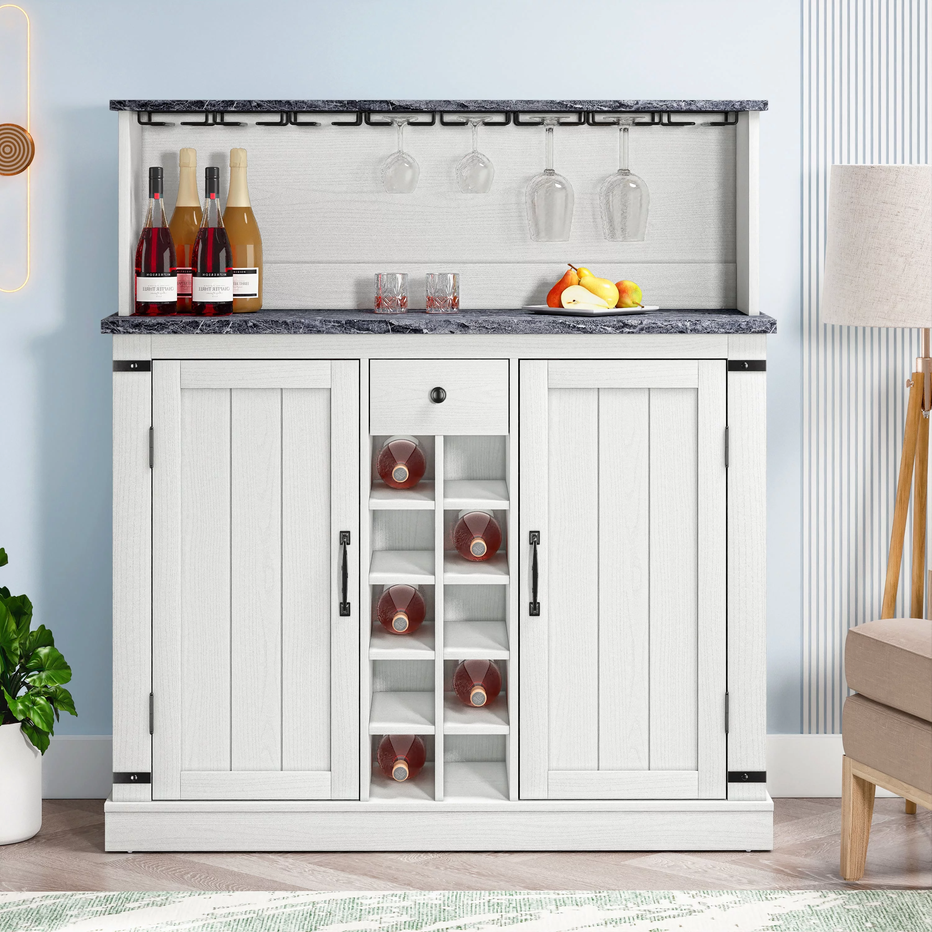 FESTIVO 47 in. Farm Style Wood Buffet Bar Cabinet White