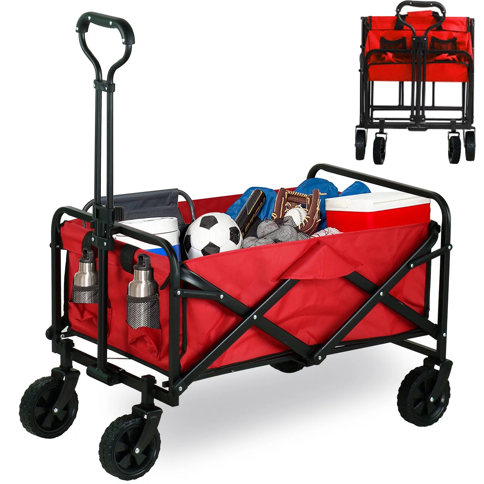 Outdoor Folding Wagon Cart, Heavy Duty Collapsible Garden Cart with Awith 360 Degree Swivel Wheels & Adjustable Handle, Portable Wagon for Shopping, Camping, Red