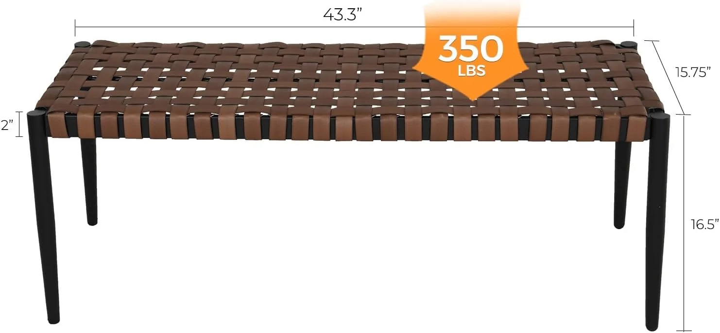 Grand patio Outdoor/Indoor Bench, Aksel 2-Seat Steel Frame Leather-Look Resin Wicker Bench with Tapered Legs, Scandinavian Style Bench for Small Front Porch Entryway Bench for Garden Dining