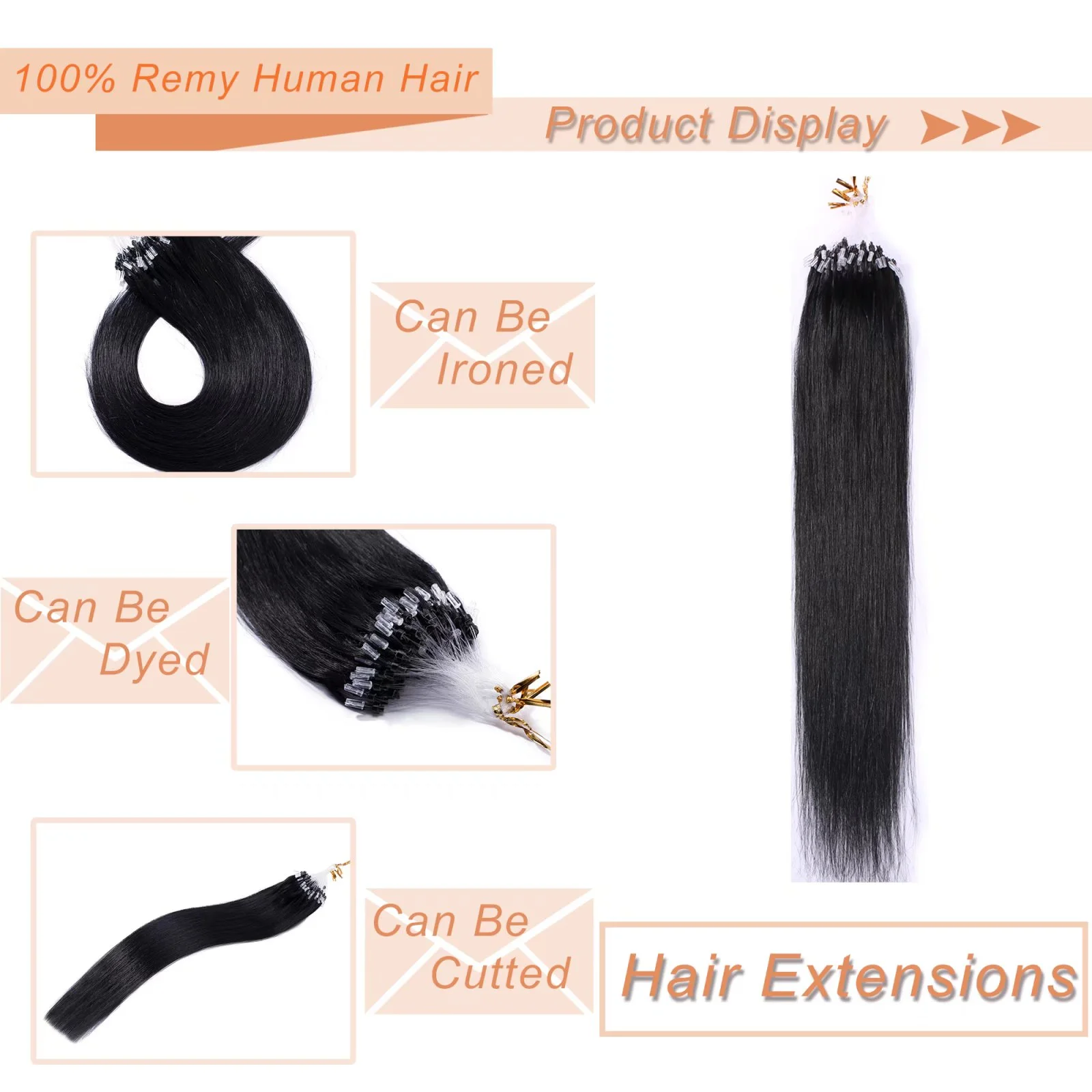 MY-LADY 100% Human Hair Extensions Remy Real Natural Hair Hairpiece Mirco Ring Tubes Hair Thick Micro Loop Extensions Hair for Women 20inch #01 Jet Black