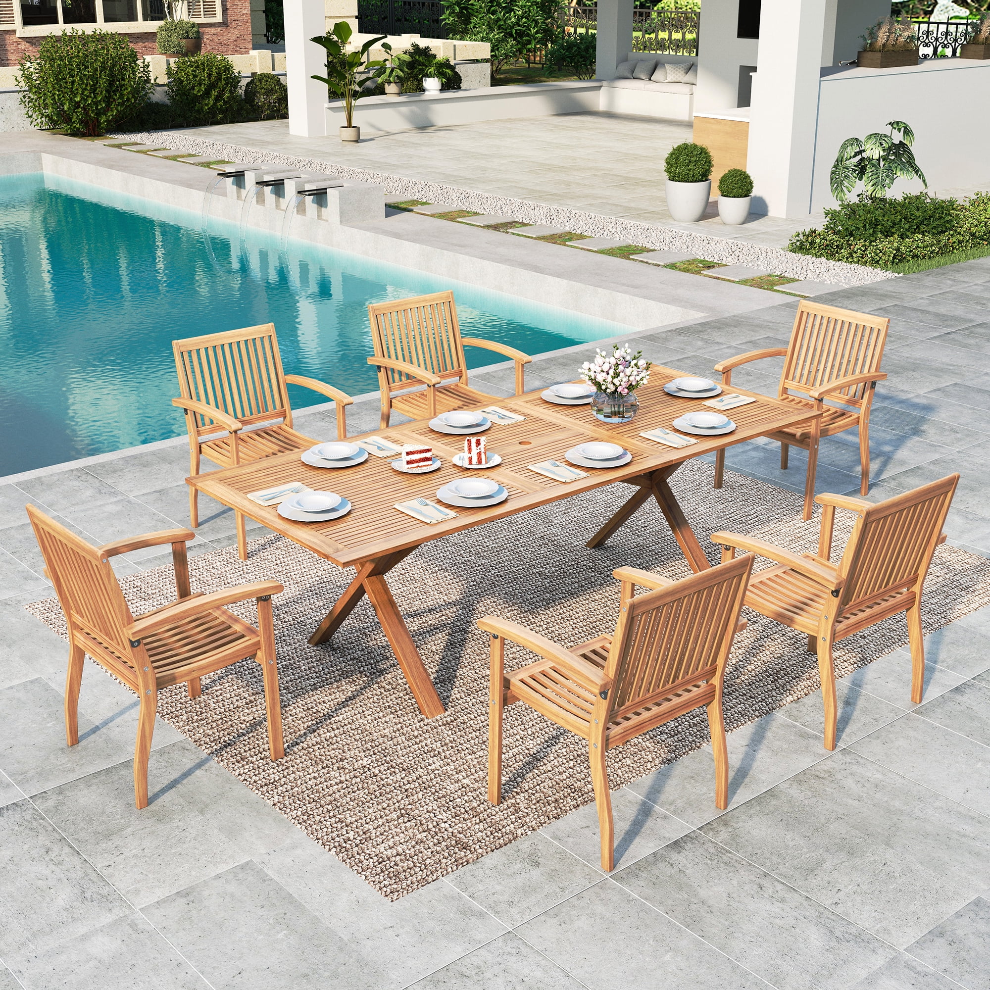 Summit Living 4-Piece Acacia Wood Patio Dining Chairs, Outdoor Oil Finished Natural Teak Wooden Armchairs